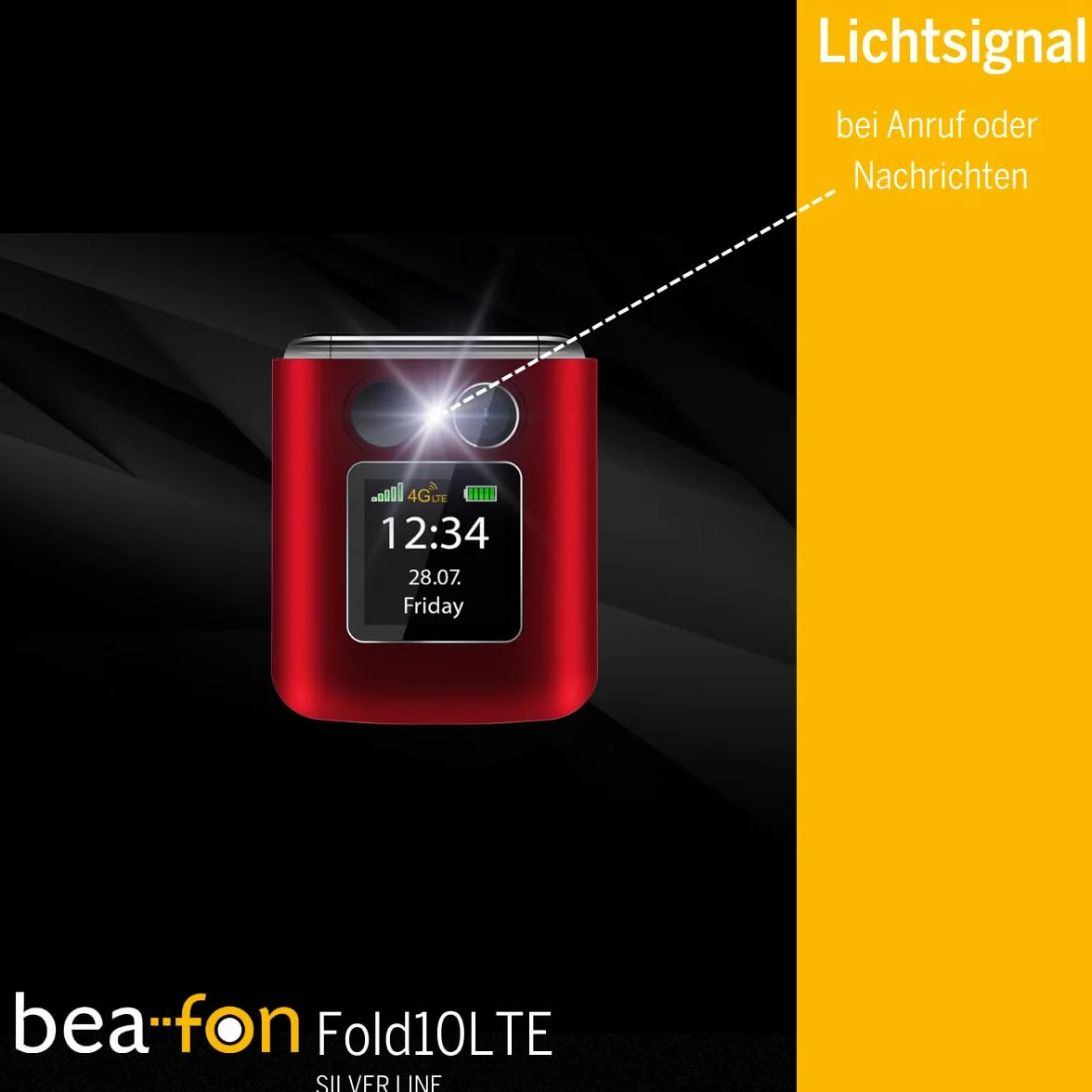 Beafon, Fold10 LTE, telefon z klapką, przycisk połączenia alarmowego SOS, kolorowy wyświetlacz wewnętrzny XL 2,2 (5,58 cm), kolorowy wyświetlacz zewnętrzny XL 1,44" (3,65 cm), wyświetlacz fotokontaktu