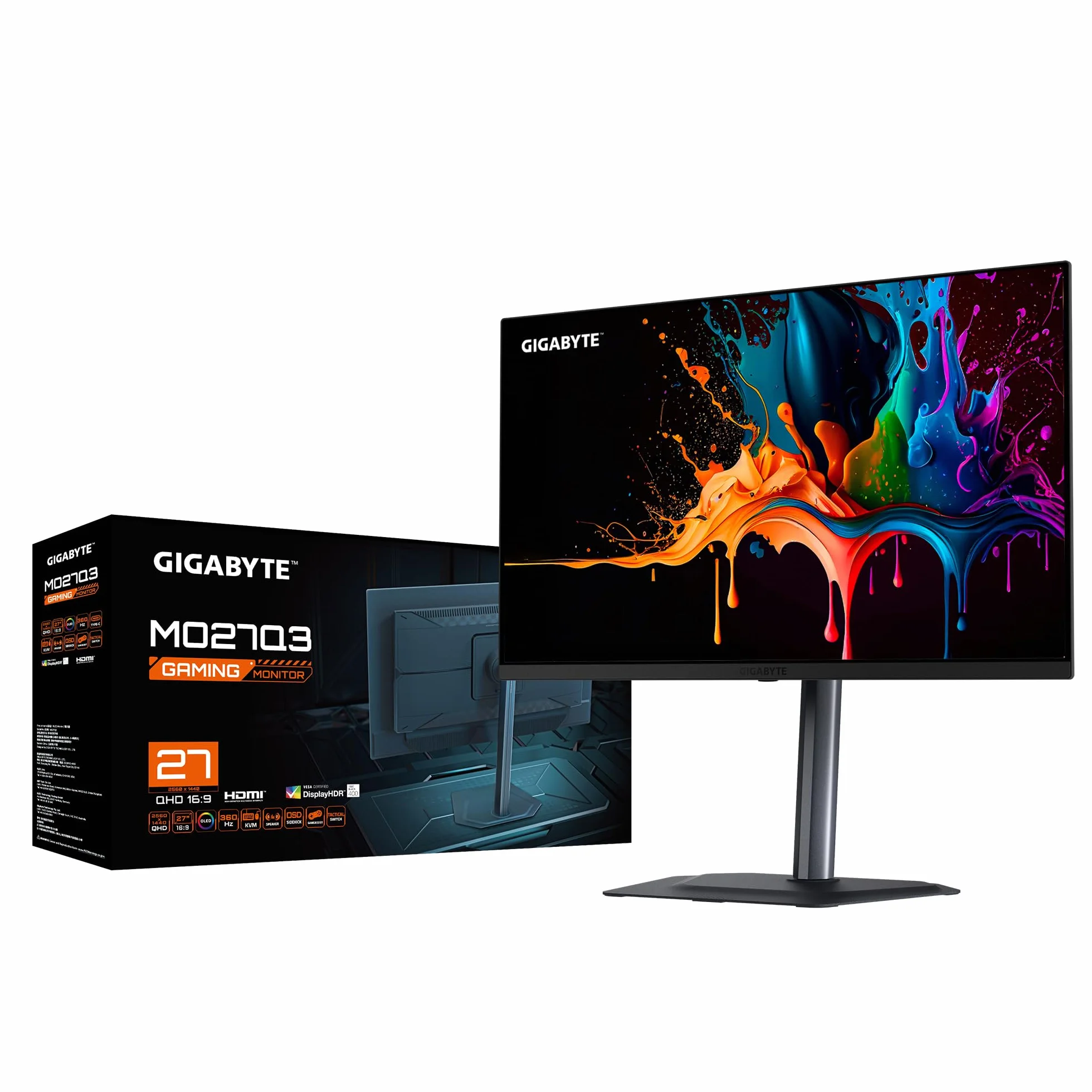 GIGABYTE MO27Q3 27" QHD OLED Gaming Monitor - 2560 x 1440, 360Hz, 0,03ms, 250 CD/m², kompatybilny G-Sync, FreeSync Premium Pro, Display HDR True Black 400, HDMI 2.1, DisplayPort 1.4