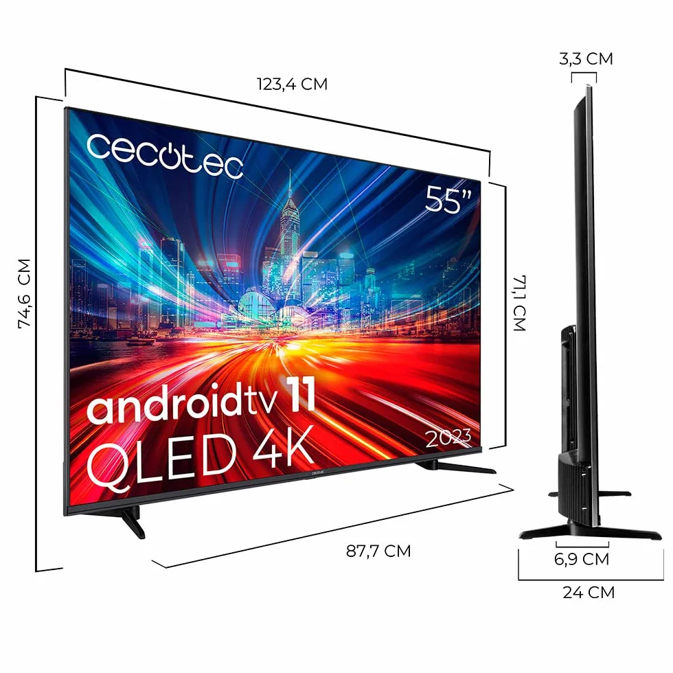 Cecotec Telewizor QLED 55" Smart TV V1+ Series VQU11055+S. 4K UHD, Android 11, Frameless, MEMC, Dolby Vision i Atmos, Subwofer, HDR10, 2023