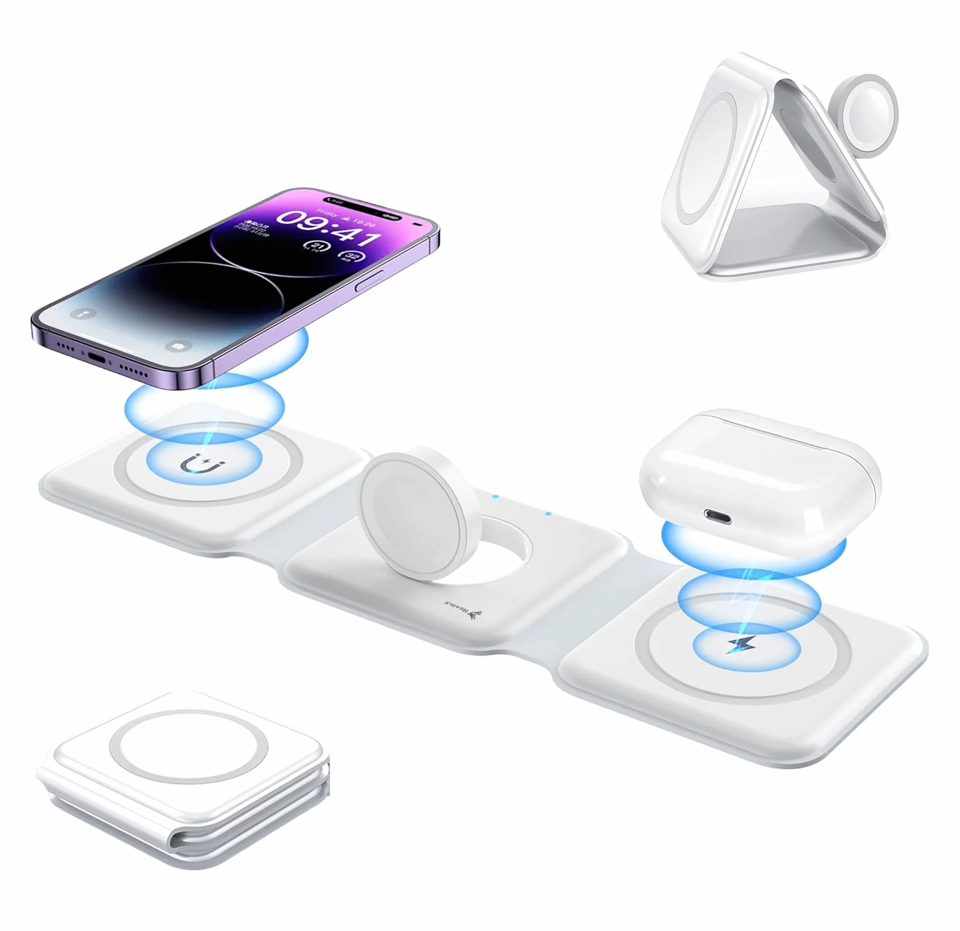 Reagle Składana indukcyjna bezprzewodowa ładowarka 3 w 1, 15 W stacja ładująca do Samsung S25 Apple Watch standard Qi
