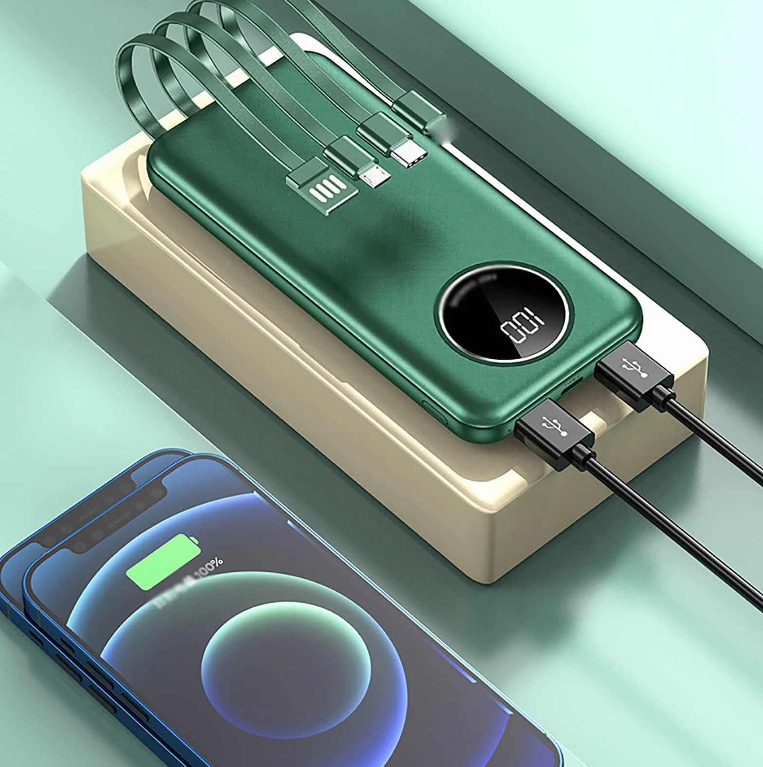 Powerbank 30000mAh Wbudowany kabel Powerbank z 5 wyjściami Duża pojemność Zewnętrzny akumulator do smartfona 5V 2.1A Szybkie ładowanie,Green