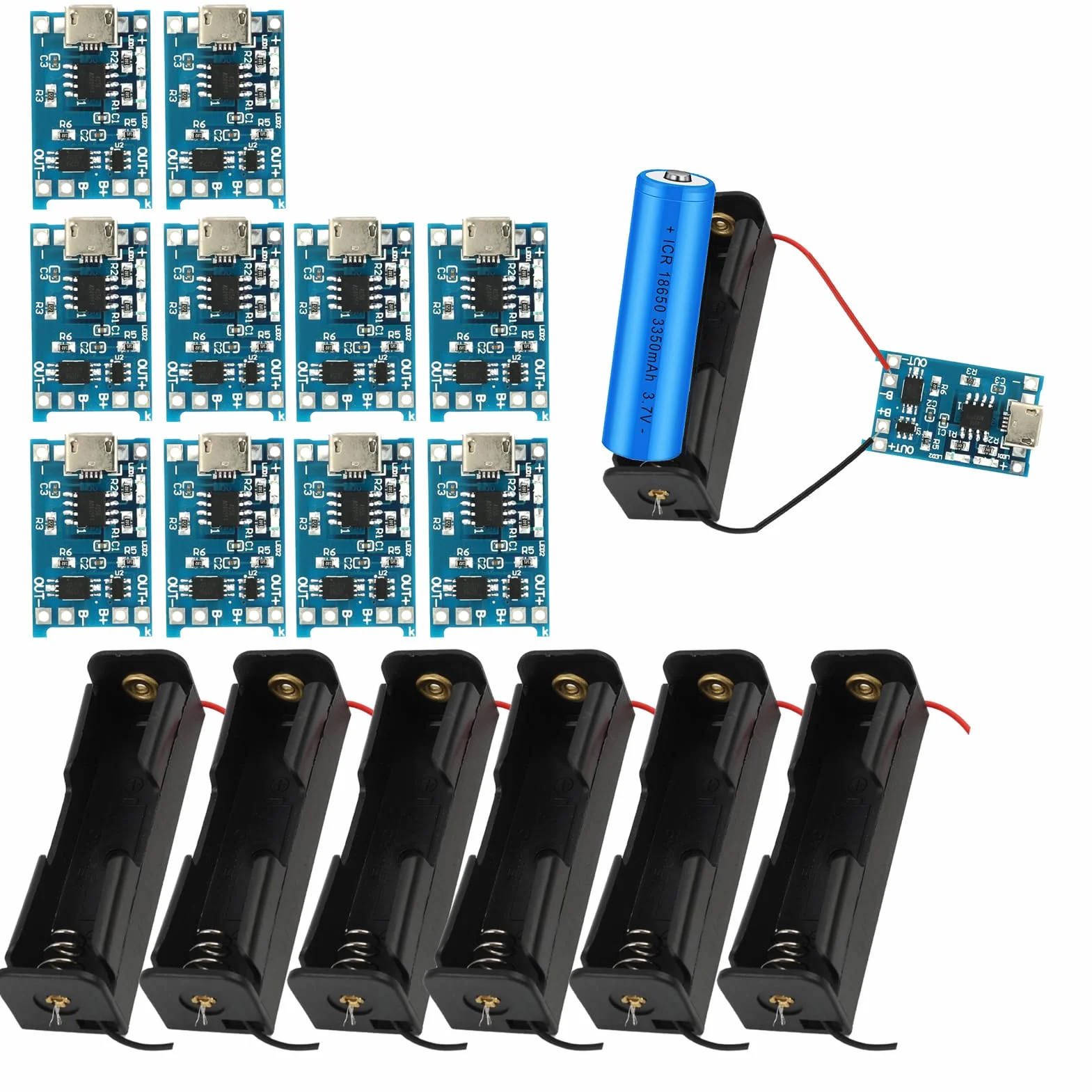 10 sztuk modułu ładowarki litowo-jonowej USB 5V 1A typu C, 6 sztuk uchwytów na baterie 3,7V z kablami podłączeniowymi, jednoszynowa płyta ładująca i podwójne funkcje ochronne (10 sztuk Micro USB +