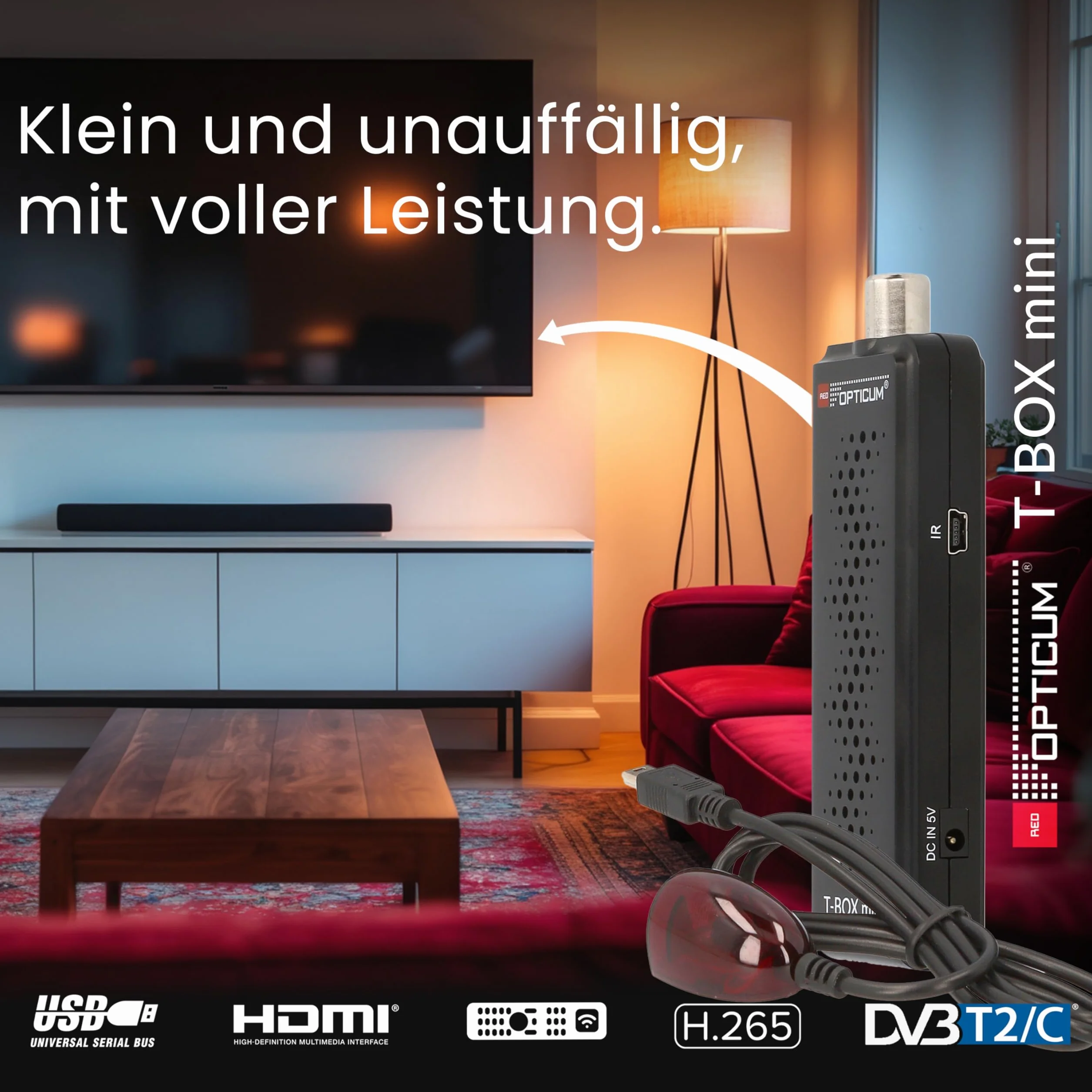 RED OPTICUM T-Box Mini DVB-T2/C cyfrowy odbiornik Full HD, H.265 HEVC, HDMI, USB 2.0, czarny, z pilotem zdalnego sterowania, czujnik podczerwieni, EPG, teletekst, funkcja PVR, 115 x 37 x 17 mm