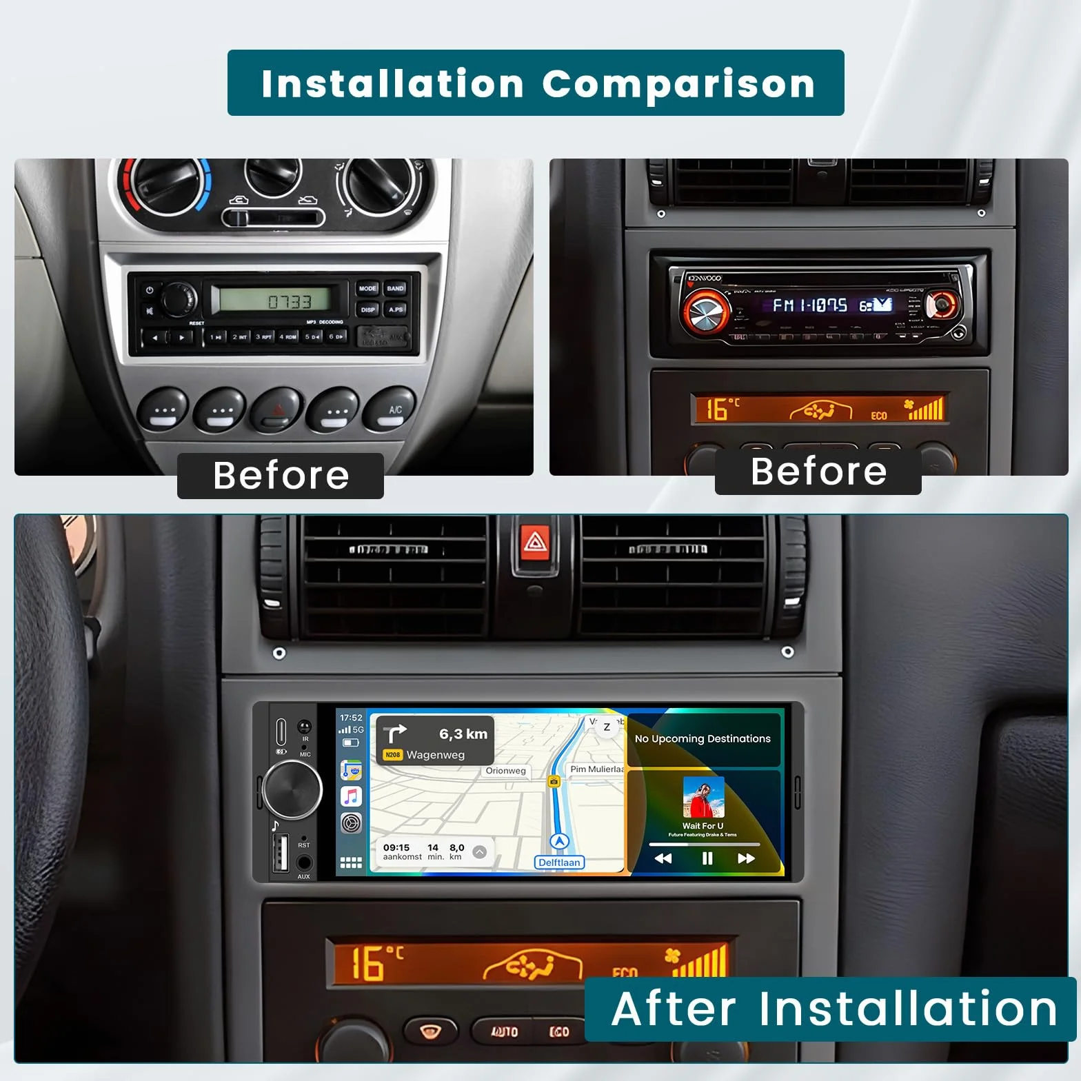 Hikity Radio samochodowe Bluetooth 1 DIN z bezprzewodowym Carplay Android Auto, 1 Din Radio z ekranem dotykowym 6,28", Lien Miroir, radio FM, typ C, 2USB, SWC, EQ, kamera cofania, MIC