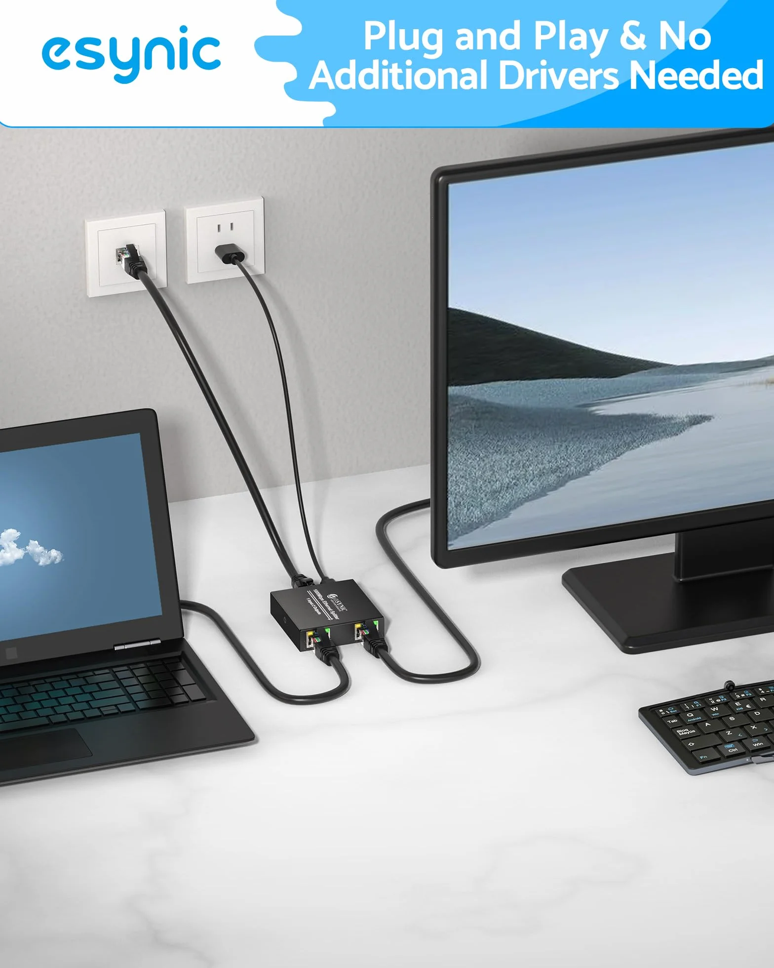 eSynic Gigabit Ethernet rozdzielacz 1 w 2 wyjściach z kablem sieciowym 0,5 m, przełącznik rozdzielacza RJ45 LAN 1 do 2 portów 100 Mb/s z kablem sieciowym typu C, 1X2 obsługuje kable Cat5/5e/6/7/8