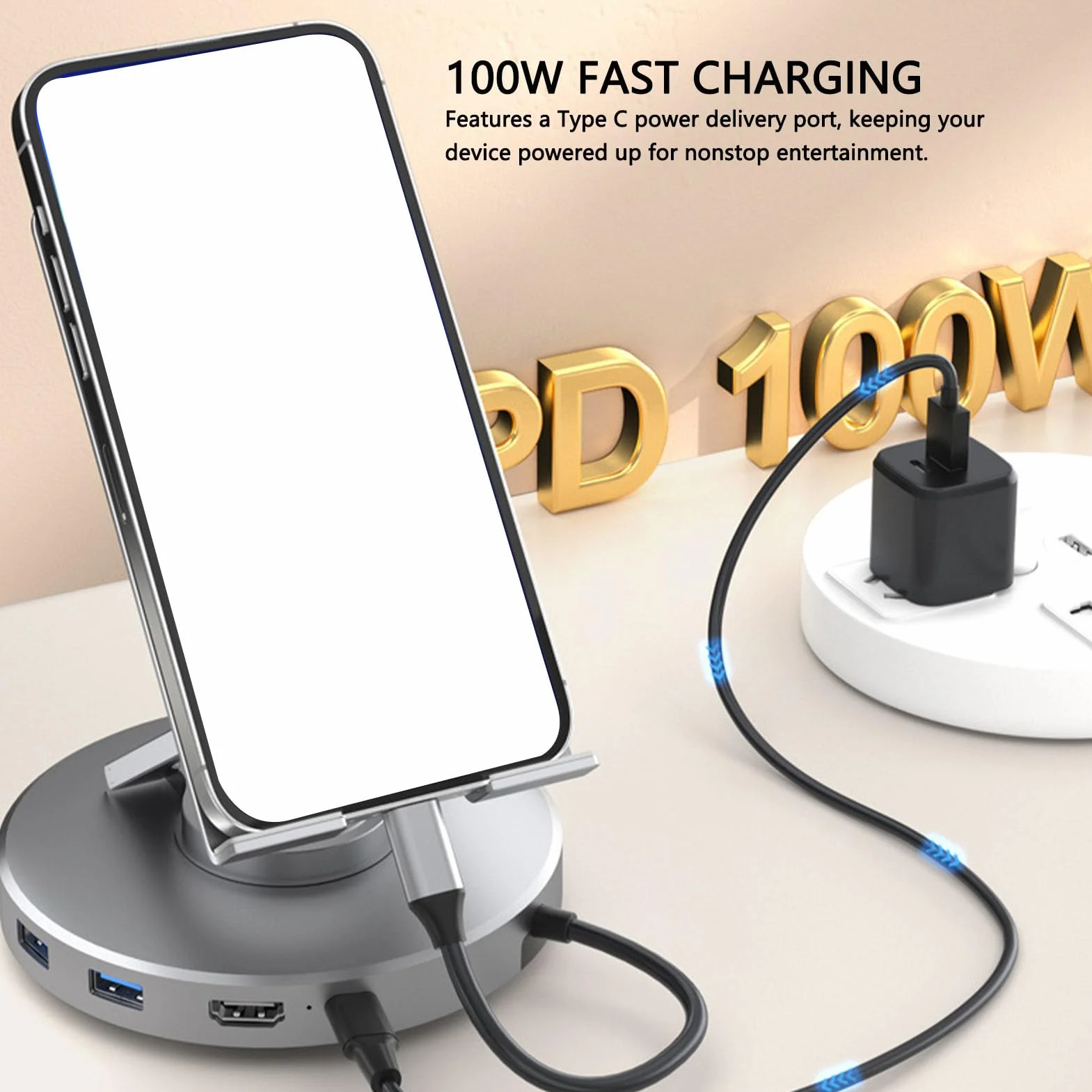Stojak na stację dokująCą USB C, Regulowany Uchwyt na Tablet 10 W 1 z Czytnikiem Kart 4K 60 Hz Gigabit Ethernet 3,5 Mm Jack 100 W PD, Laptopy, Tablety, Konsole do Gier