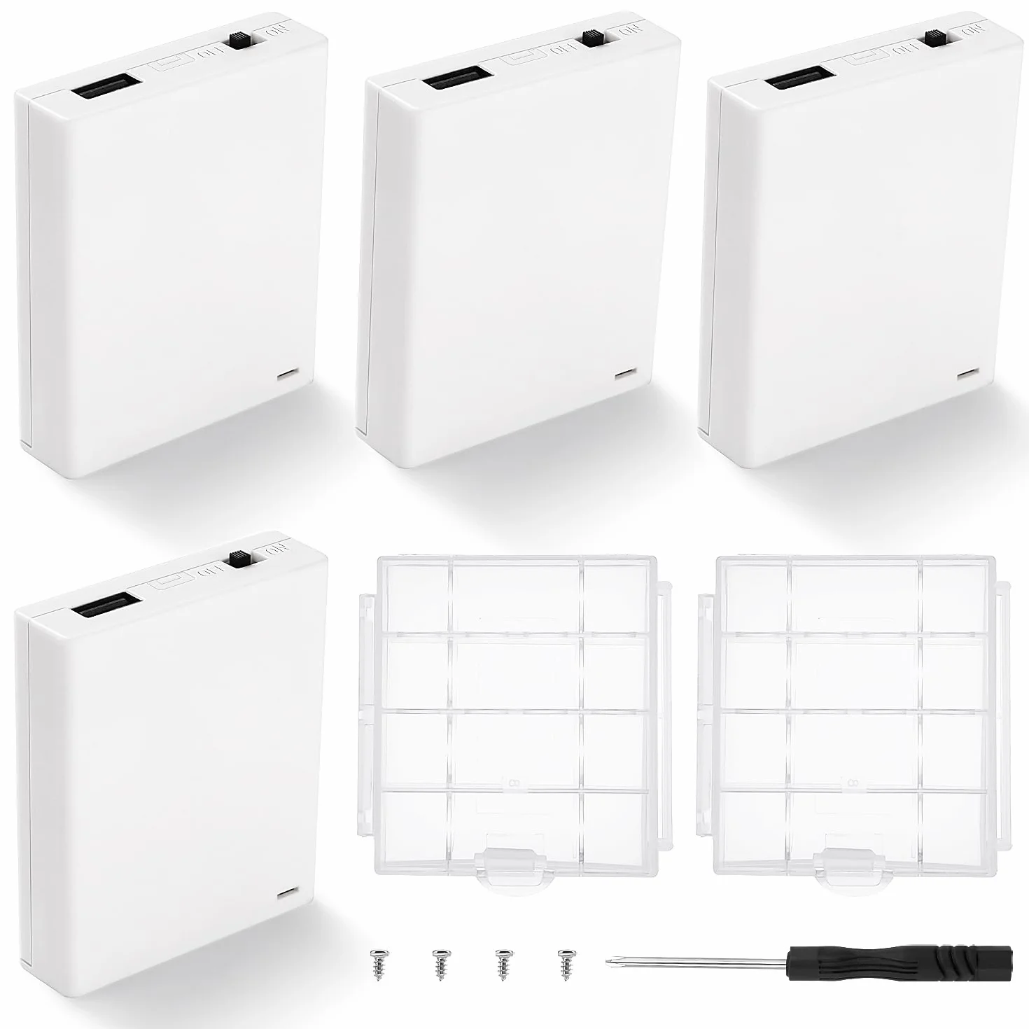 4 Sztuk 4 x 1.5V AA Uchwyty na Baterie, AA 6V Battery Storage Box z Wbudowany Gniazdem Żeńskim USB i Przełącznikiem ON/OFF i Pokrywą, z 2 Sztuk Plastikowym Pojemnikiem na Baterie, Biały