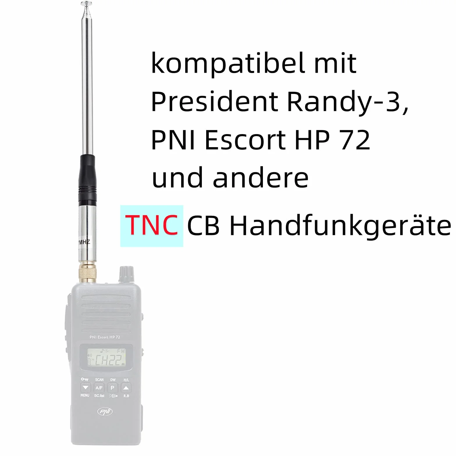 HYS Antena radiowa CB 27 MHz, połączenie TNC, wysoki zysk, teleskopowa antena pop up (130 cm) kompatybilna z radiem ręcznym President Randy-3, PNI Escort HP 72