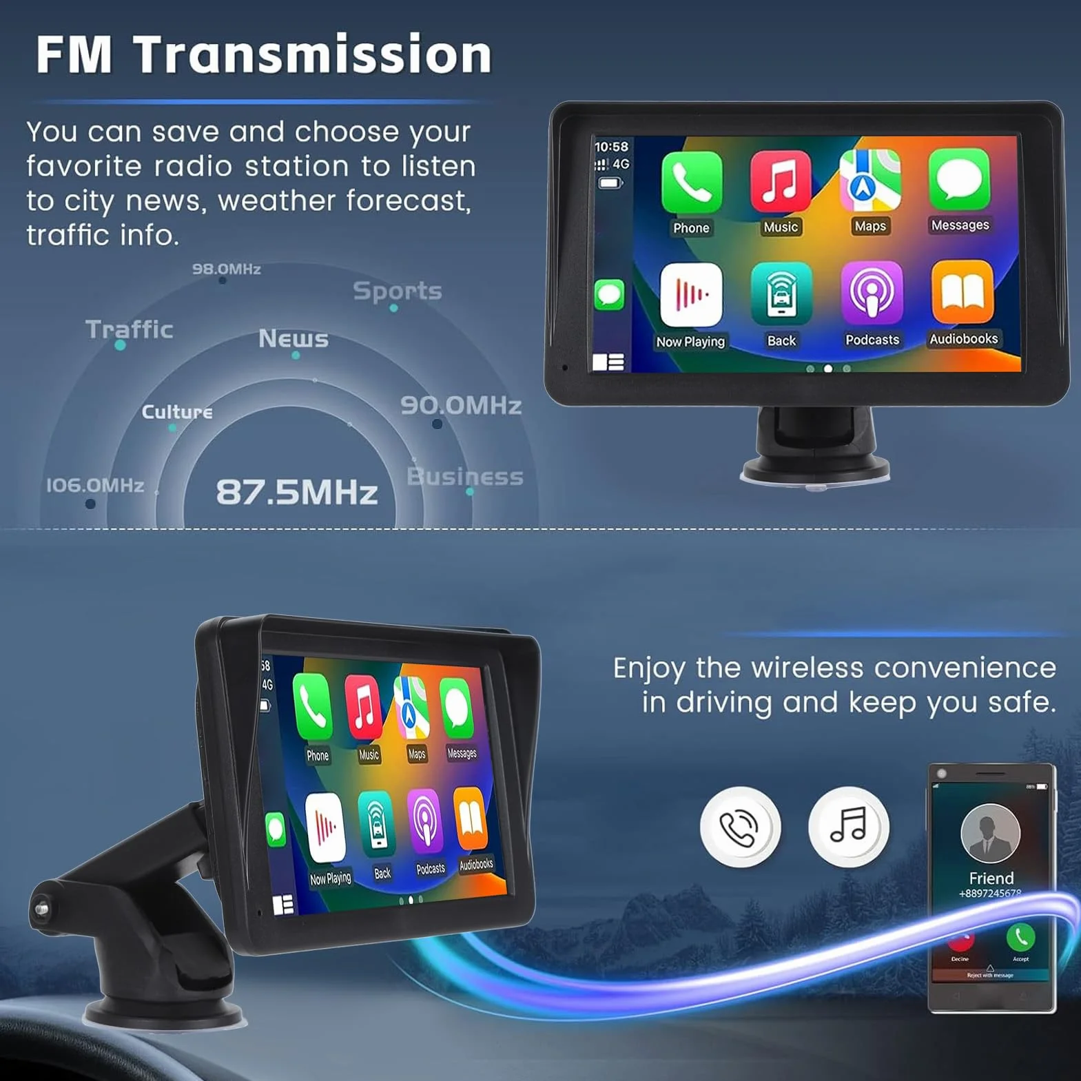 Przenośny Samochodowy Zestaw Stereo, 7-calowy Samochodowy Odtwarzacz Multimedialny z Podwójnym DIN, Sterowanie Głosowe, Ekran Dotykowy z Uchwytem Mirror Link, do CarPlay, do