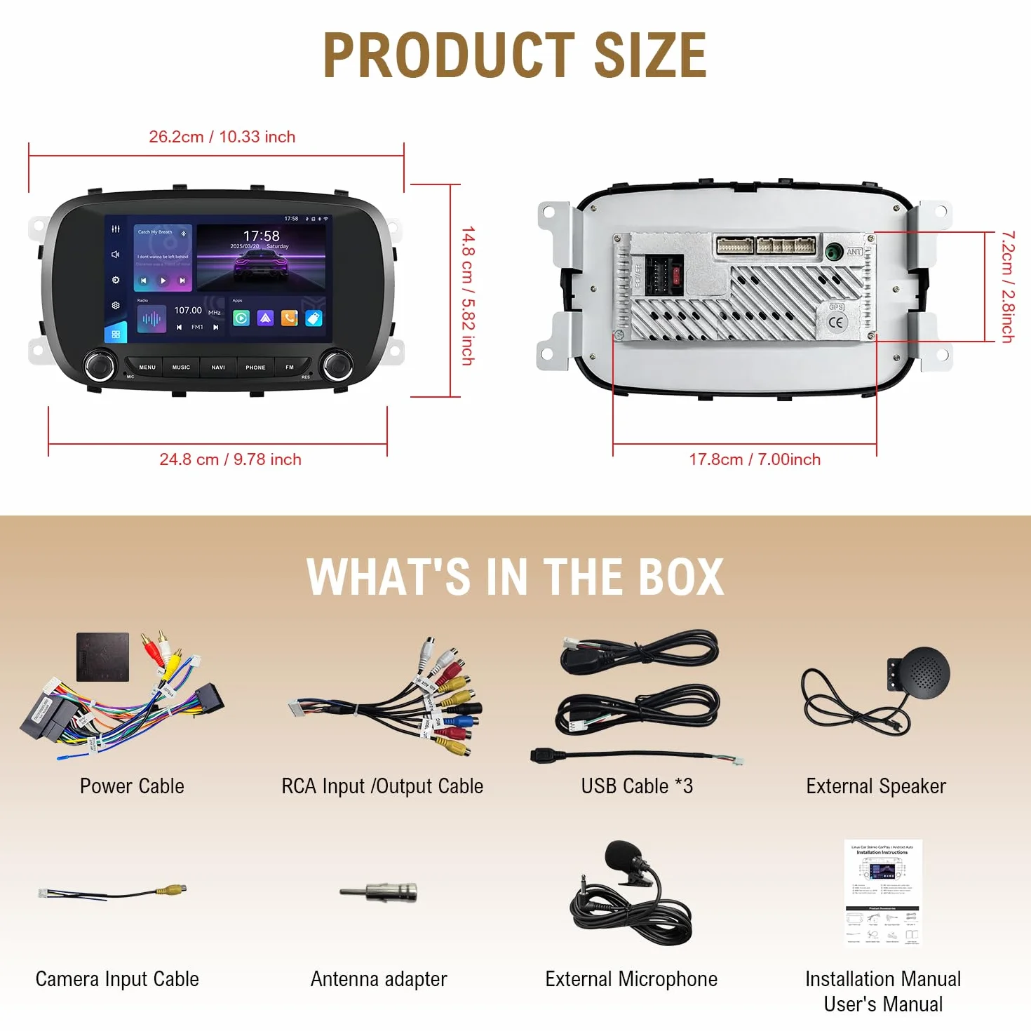 Linux radio samochodowe do FIAT 500X 2014-2020 z CarPlay i Android Auto | 7-calowy wyświetlacz HD, Plug & Play, Bluetooth, FM/AM/RDS/USB/DSP