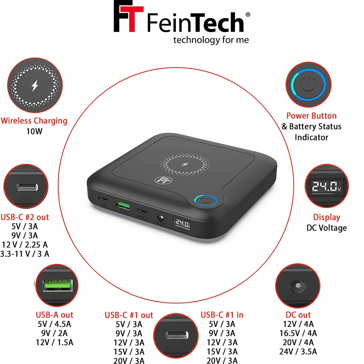 FeinTech PLG02400 Laptop Powerbank 60 W PD USB-C i DC przyłącze do notebooka, MacBooka, iPada, tabletu, smartfona, aparatu, Nintendo Switch, 10 W, bezprzewodowe ładowanie, 88 Wh, 24000 mAh, 122 x 122