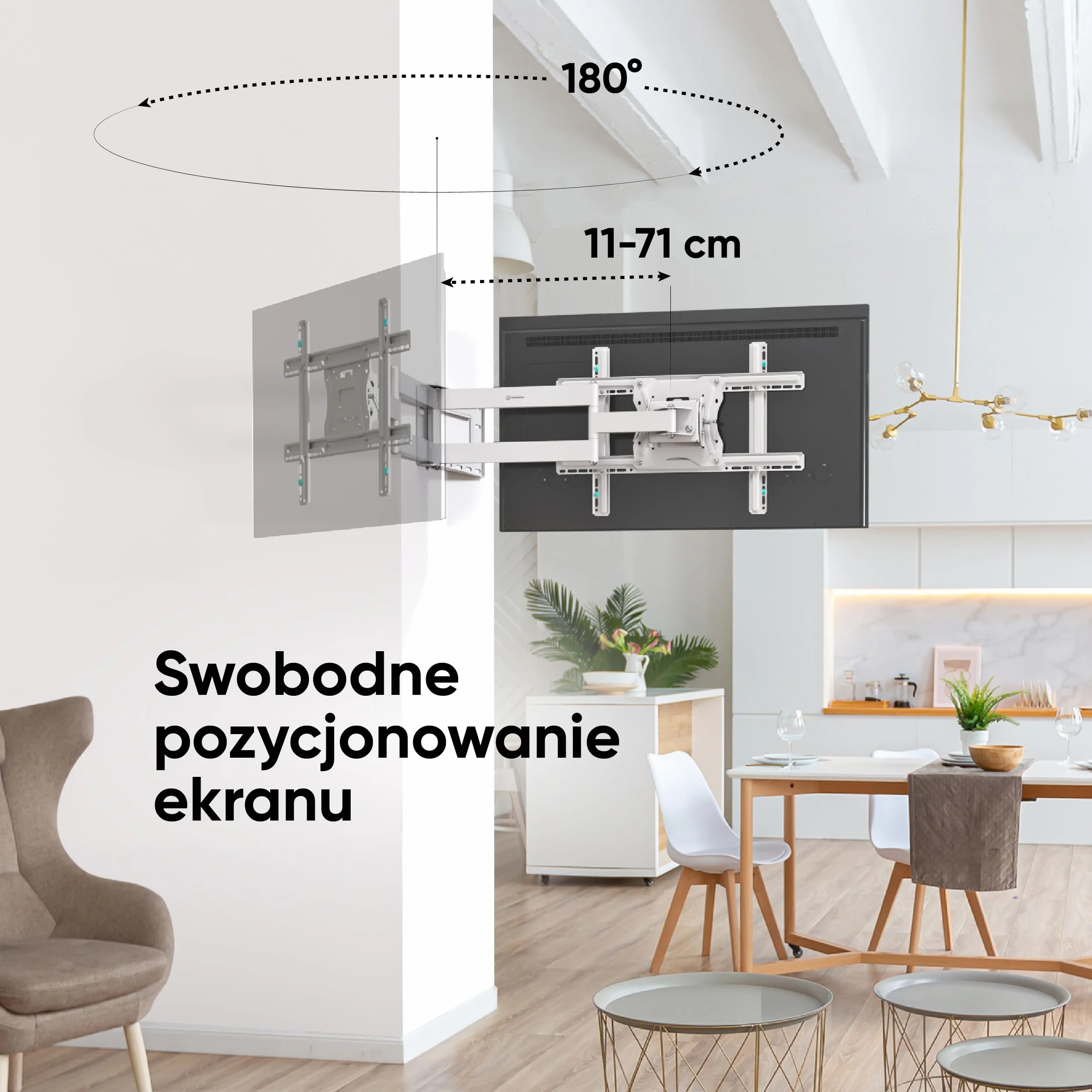 ONKRON M7L uchwyt ścienny do telewizora 40-75 cali uchwyt ścienny do płaskich i zakrzywionych LED LCD QLED OLED monitory wychylne (180°) nachylenia (-5° … +15°) wysuwany (110-711 mm) VESA biały
