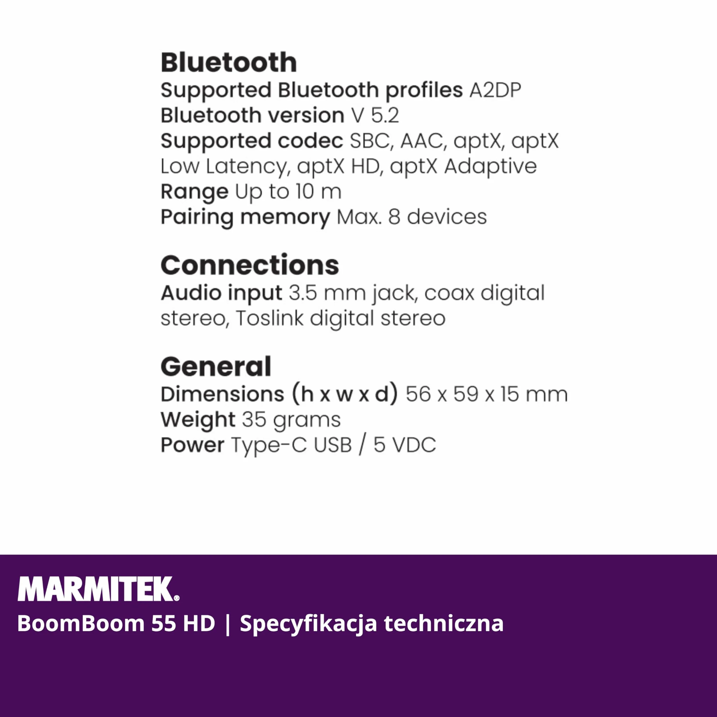 Transmiter Bluetooth TV Marmitek BoomBoom 55 HD - aptX HD aptX Low Latency aptX Adaptive - 2 słuchawki jednocześnie - Toslink coax jack 3,5 mm - nadajnik audio Bluetooth