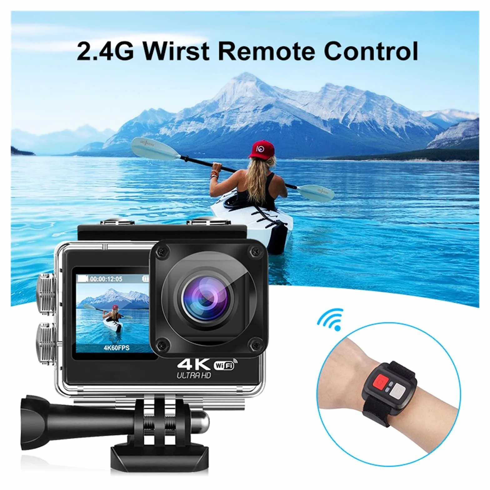 Kamera sportowa ze stabilizacją obrazu, Kamera akcji 60 klatek na sekundę 4K 16 MP 2,0-calowy wyświetlacz LCD EIS 4-krotny zoom Nagrywanie wideo 30 m Wodoodporny kask sportowy Go Pro Cam Wysoka liczba