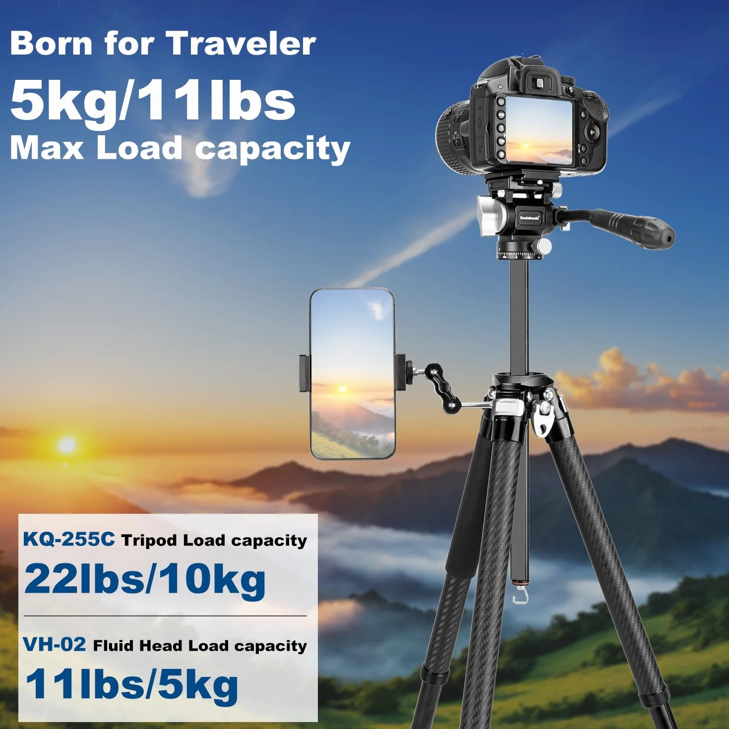 Koolehaoda Statyw do wideopodróży, lekki aluminiowy statyw fotograficzny o długości 160 cm z płynną głowicą panoramiczną 360° i szybkim montażem nóg do podróży, wideo, transmisji na żywo i vlogów