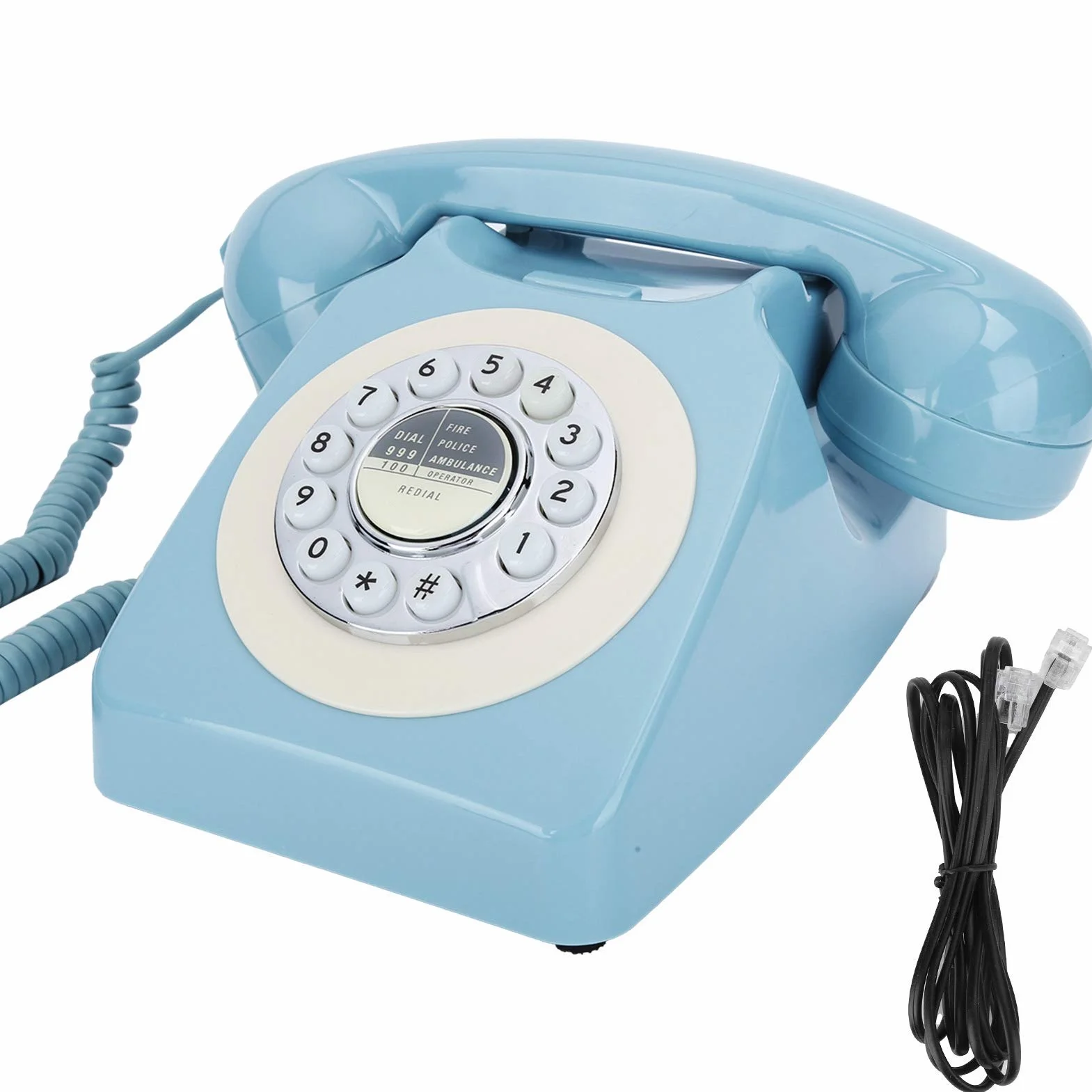 Jednowierszowy przewodowy telefon biurkowy do domu, niebieski telefon biurkowy z kablem, telefon stacjonarny w stylu retro, telefon stacjonarny do domu