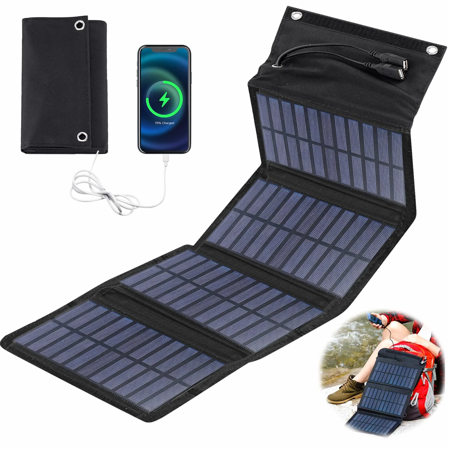 Składany panel słoneczny 10 W – przenośna ładowarka solarna 5 V, 2 USB, panel słoneczny, wodoszczelny, do aktywności na świeżym powietrzu, na kemping, do ładowania energią słoneczną, do telefonu