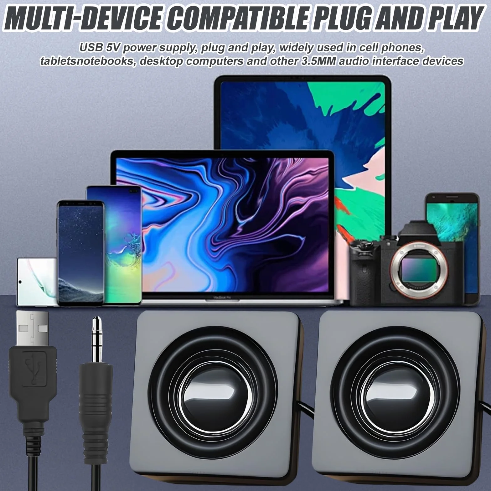 Mały głośnik PC można przykleić: mini głośnik USB do komputera z regulacją głośności, kompaktowy głośnik stereo do komputera stacjonarnego, notebooka, laptopa, czarny (USB + 3,5 mm)
