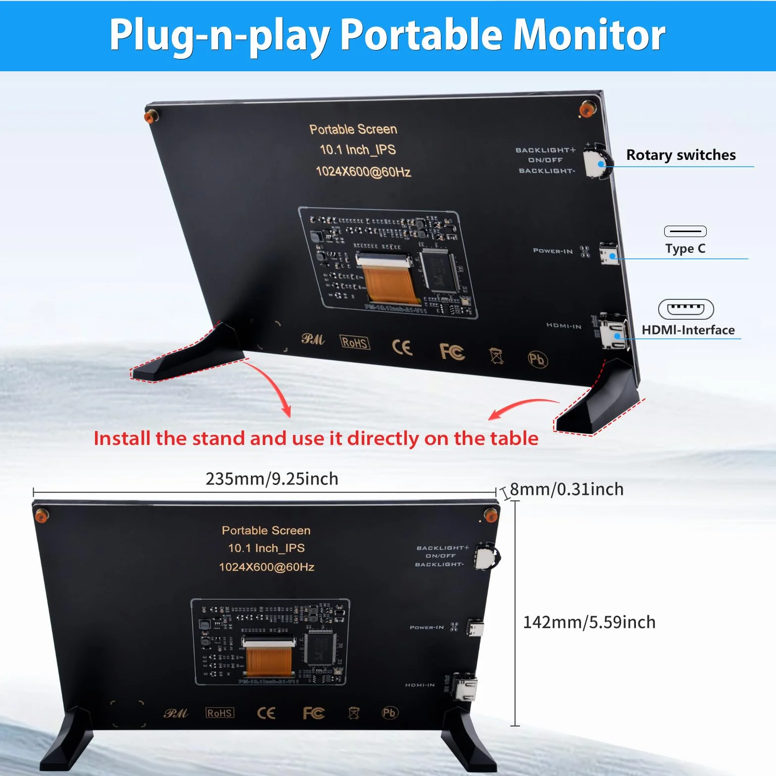GeeekPi Ekran LCD 10,1 cala do Raspberry Pi, wyświetlacz LCD IPS 1024 x 600, przenośny monitor HDMI do Raspberry Pi 5/Pi 4B/3B+/3B/B+/Zero/400, Win11/10/8/7, bezpłatny sterownik (bezdotykowy)
