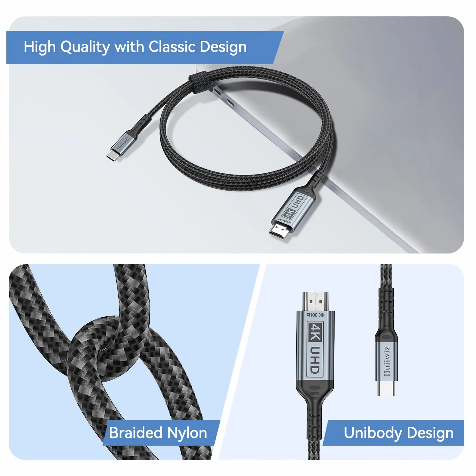 Kabel USB C na HDMI z 4K i 16 m, pleciony przewód kompatybilny z Thunderbolt 3/4/5 (przeciwzakłóceniowy, modny design)