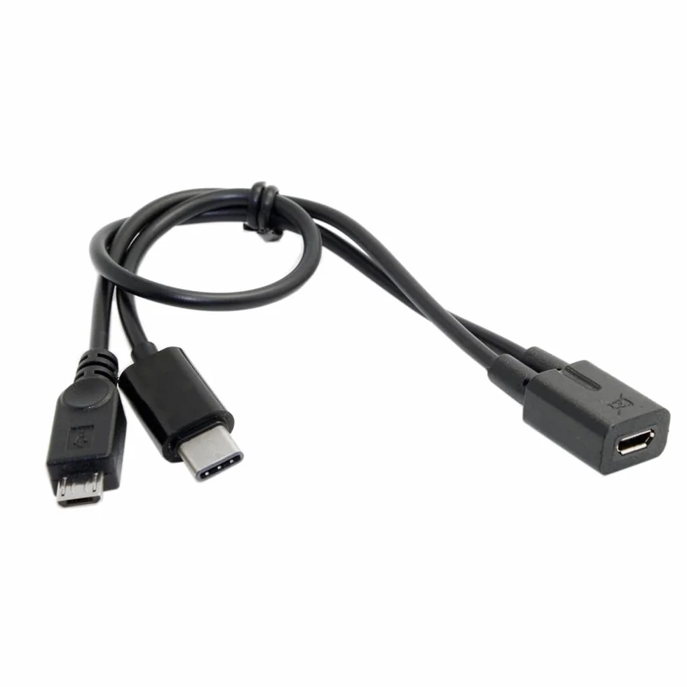 Adapter USB-C na MicroUSB, 2-portowy, AWG 28, czarny Micro USB żeński na USB-C typ C USB 3.1 Micro USB męski rozdzielacz przedłużający kabel do ładowania