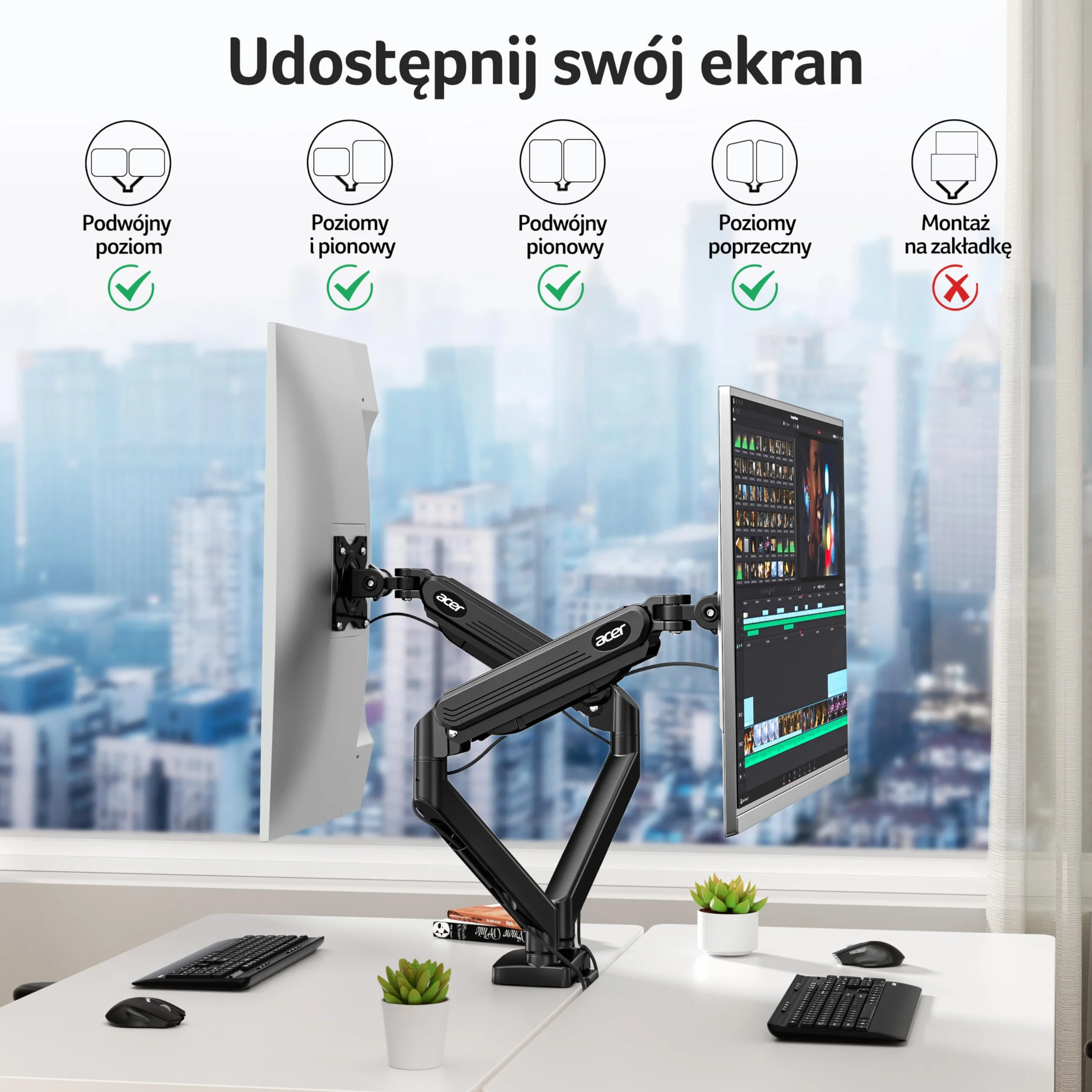 Acer Uchwyt na dwa monitory do ekranów 17-32 cali, obsługuje dwa ekrany | Sprężyna gazowa, do zakrzywionych płaskich ekranów, VESA 75/100 mm, Podstawa z zaciskiem C/przelotką, Nośność 9kg