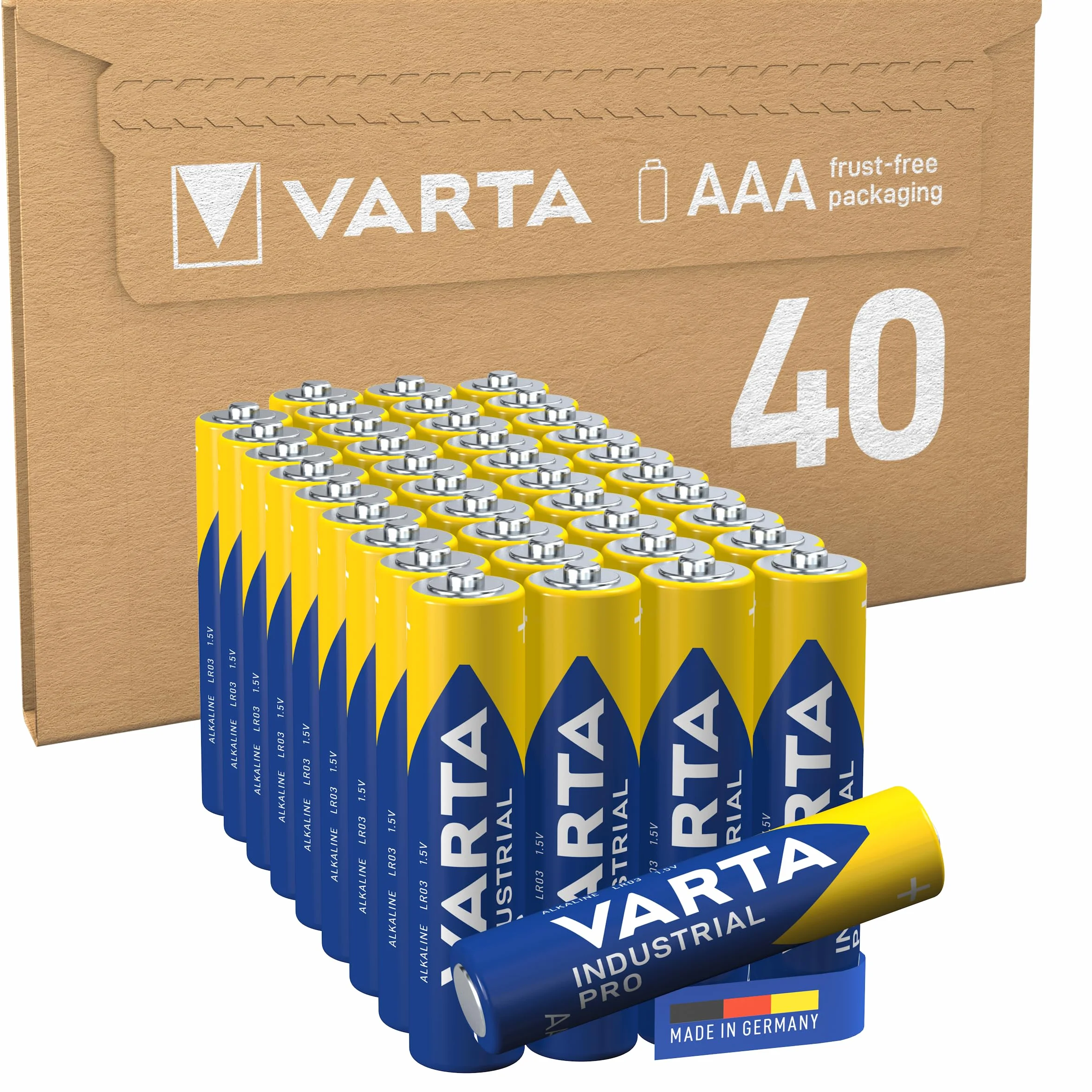 VARTA Baterie AAA, opakowanie 40 szt., Industrial Pro, Baterie Alkaliczne, 1,5V, pakiet do przechowywania in ekologiczne opakowanie, Made in Germany [Wyłącznie w Amazon]
