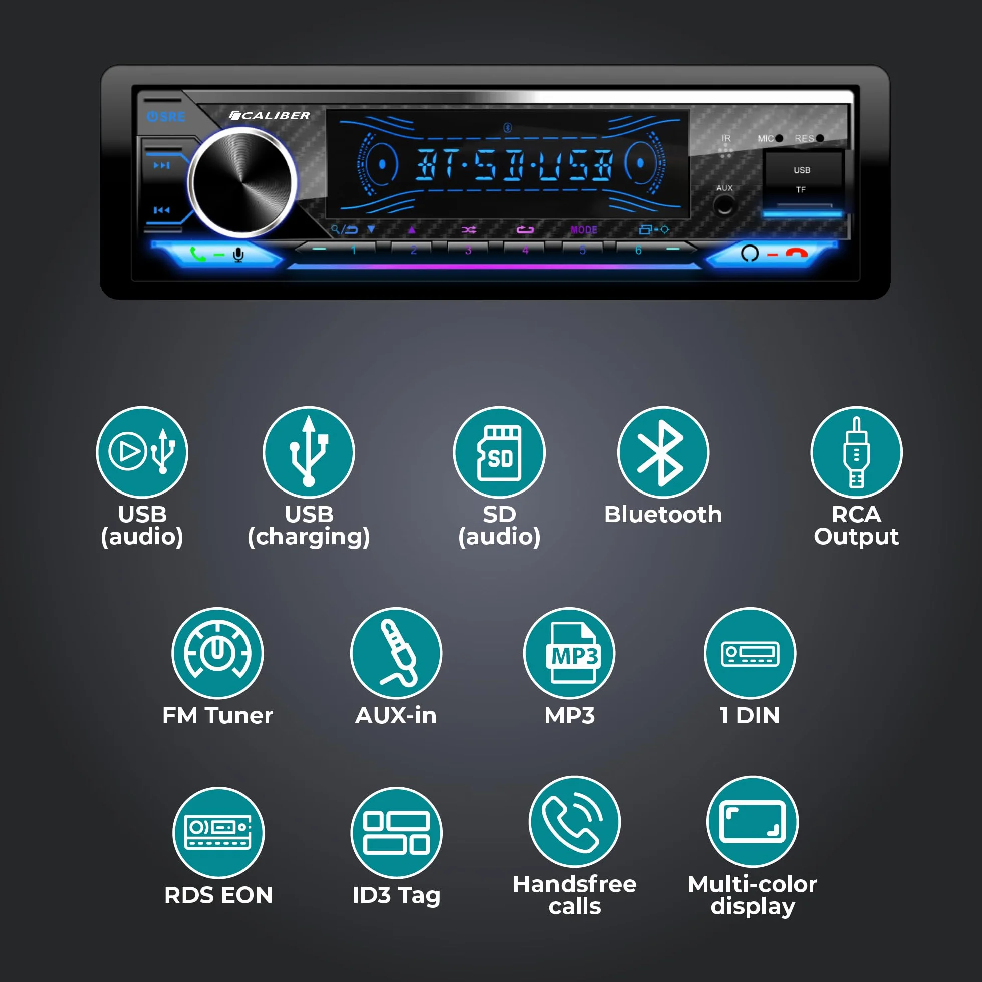 Caliber Radio samochodowe Bluetooth 1DIN, tuner FM, 4 x 100 W, USB/Micro SD, funkcja ładowania 2,1 A, Aux-in, zestaw głośnomówiący, zewnętrzny mikrofon, wyjście RCA, MP3/WMA/APE/FLAC