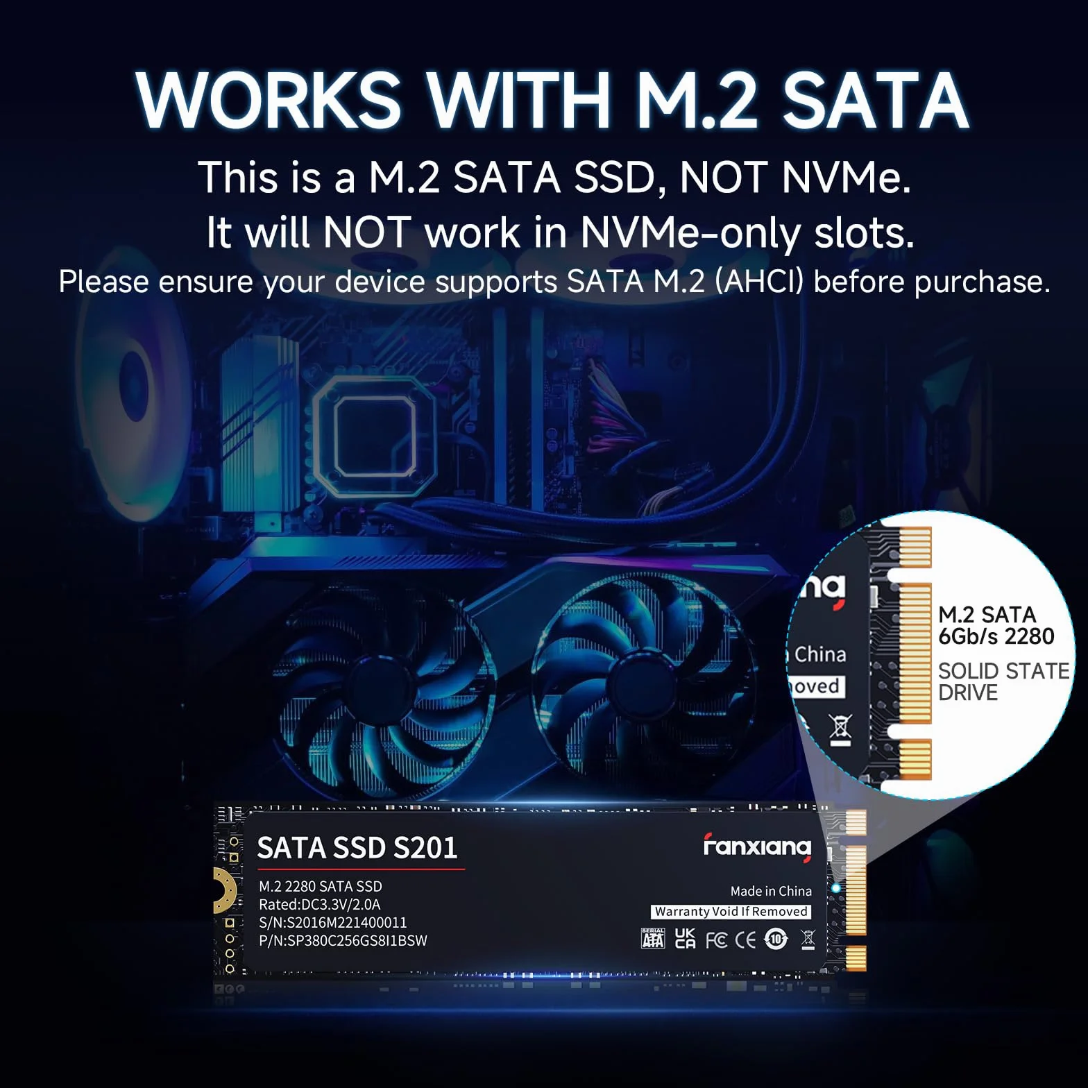 fanxiang S201 Wewnętrzny dysk półprzewodnikowy 256 GB M.2 SSD 2280 SATA III 6 Gb/s, pamięć podręczna SLC dla zwiększenia prędkości, prędkość odczytu do 550 MB/s, kompatybilny z laptopami i komputerami