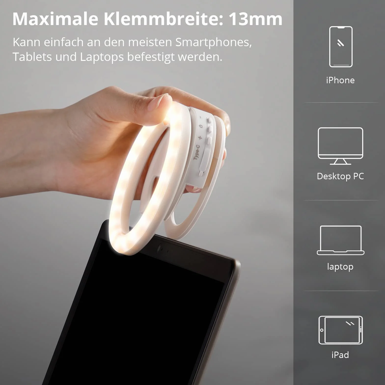 ATUMTEK Oświetlenie pierścieniowe do laptopa 4" z klipsem i statywem, 3 tryby, 5 jasności, ściemnialne