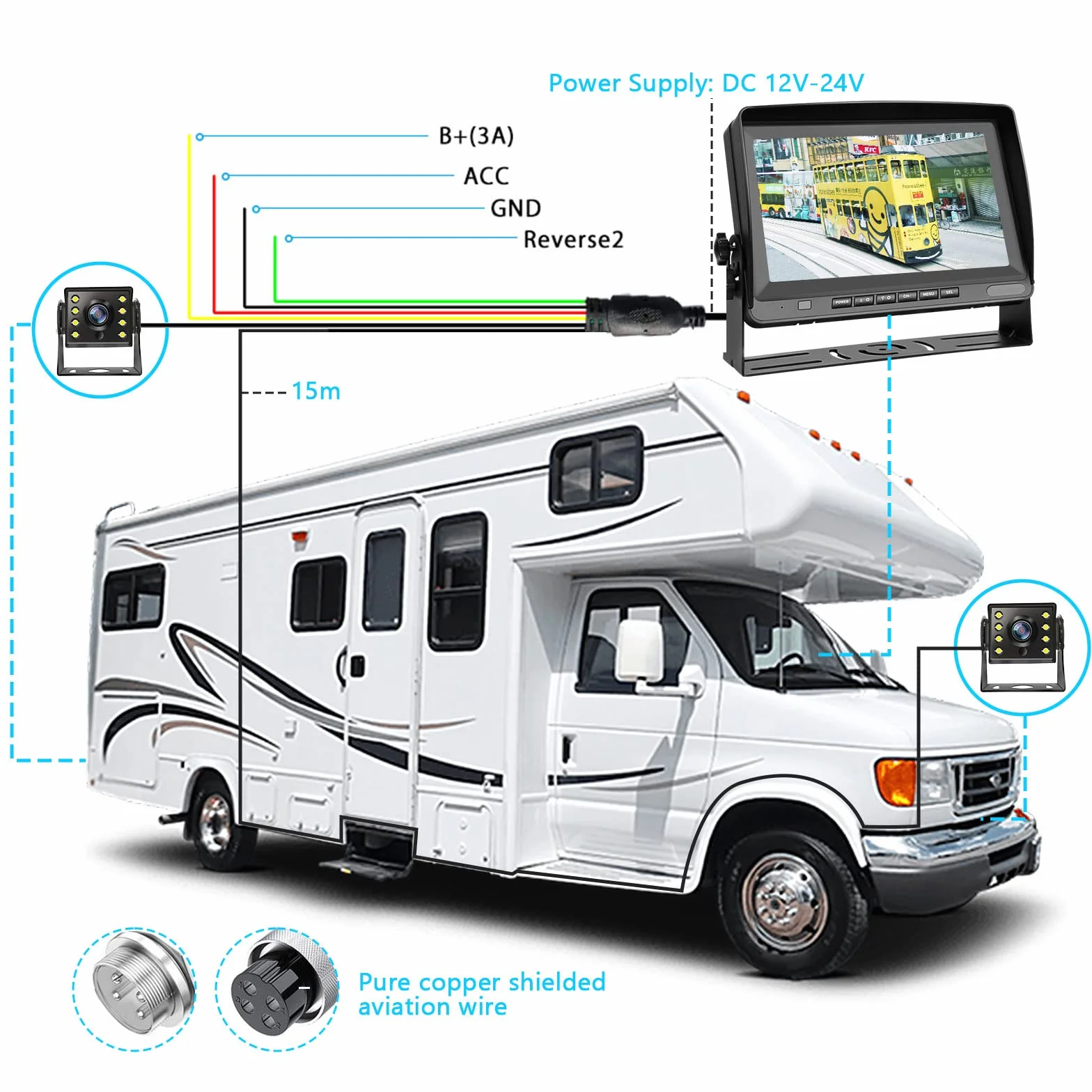 Hodozzy Kamera cofania do samochodu z 8-calowym monitorem LCD, AHD 1080p, 2 x kamery, klasa wodoszczelności IP69, super noktowizor, kabel 12 V-24 V do kampera/ciężarówki/przyczepy/autobusów/vanów, z