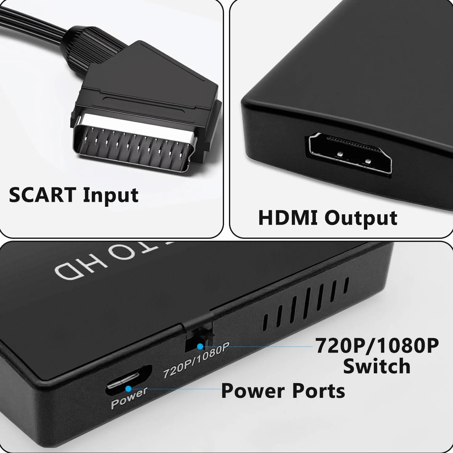 Adapter konwertera Scart na HDMI z kablem HDMI i Scart + zasilacz USB, konwerter wideo HD na Audio 1080P/720P do HDTV/DVD/PS3/Xbox/VHS