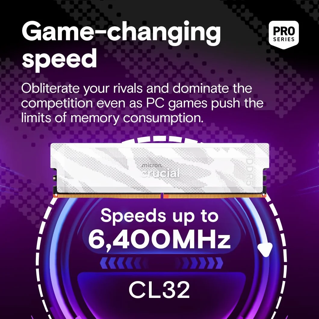 Crucial Pro DDR5 RAM 32 GB Kit (2 x 16 GB), 6400 MHz CL32, pamięć do gier pulpitowych, kompatybilna z Intel XMP 3.0 i AMD Expo, biały - CP2K16G64C32U5W