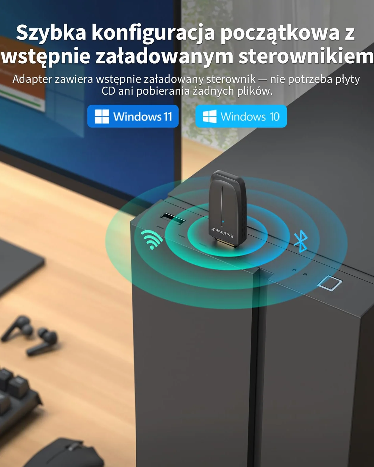 BrosTrend Adapter Bluetooth Wi-Fi AX900 do komputerów stacjonarnych i laptopów, 2 w 1, klucz sprzętowy Bluetooth 5.4, dwuzakresowy 5 GHz 600 Mb/s + 2,4 GHz 286 Mb/s, obsługuje systemy Windows 10/11