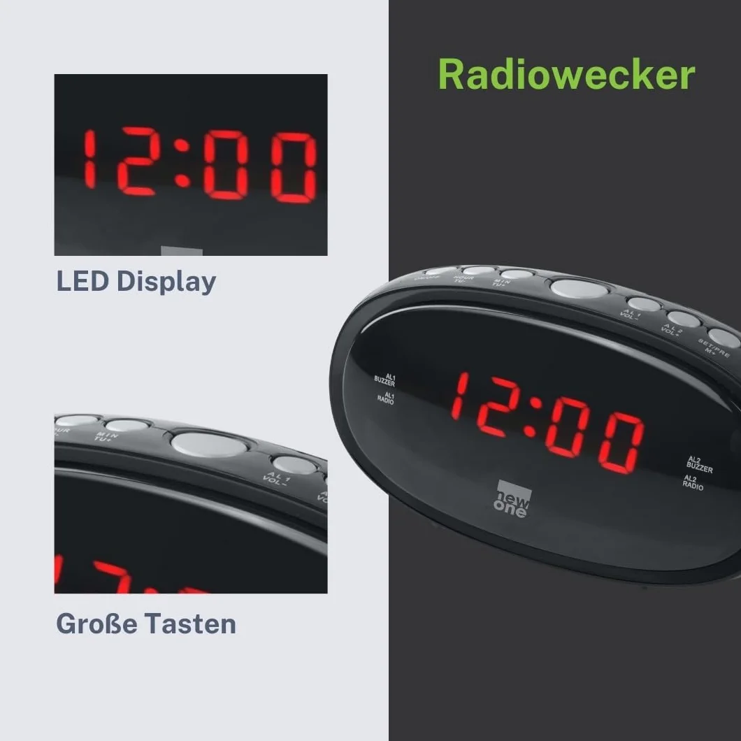 New One CR-100 radio z zegarkiem z możliwością ściemniania, dużym wyświetlaczem, podwójny alarm