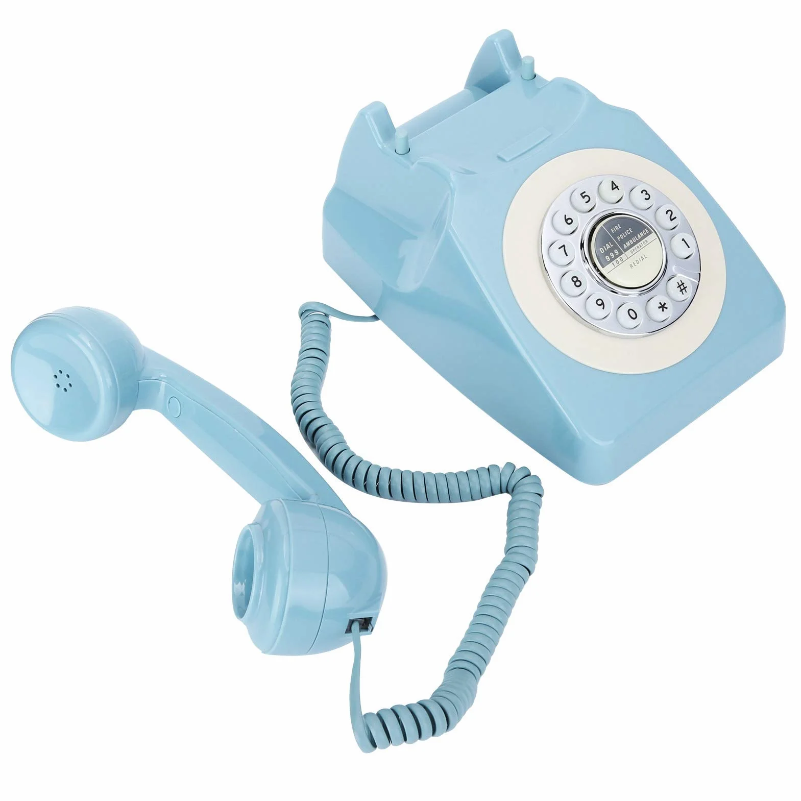 Jednowierszowy przewodowy telefon biurkowy do domu, niebieski telefon biurkowy z kablem, telefon stacjonarny w stylu retro, telefon stacjonarny do domu