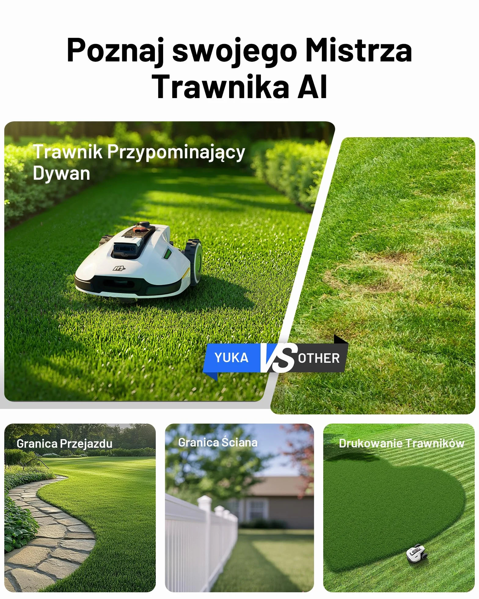 YUKA 3000 Kosiarka Automatyczna z zamiatarką, Zalecane 3000 m², maks.3400 m²,i Nachyleniu 45%, UltraSense AI Vision do Auto-Mapowania Wysokość Koszenia 20-90mm Szerokość Koszenia 320mm