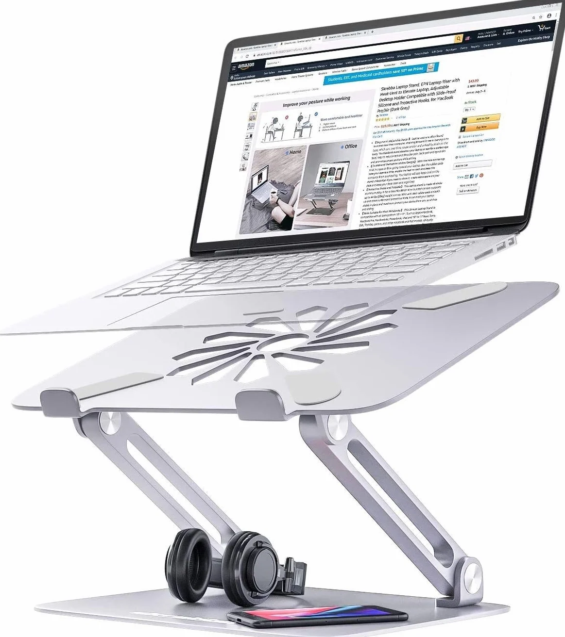 Stojak na laptopa Biurkowa podstawka na laptopa, podstawka pod laptopa EPN z otworami wentylacyjnymi do podnoszenia laptopa, regulowany ergonomiczny uchwyt na biurko z antypoślizgowym silikonem i hacz