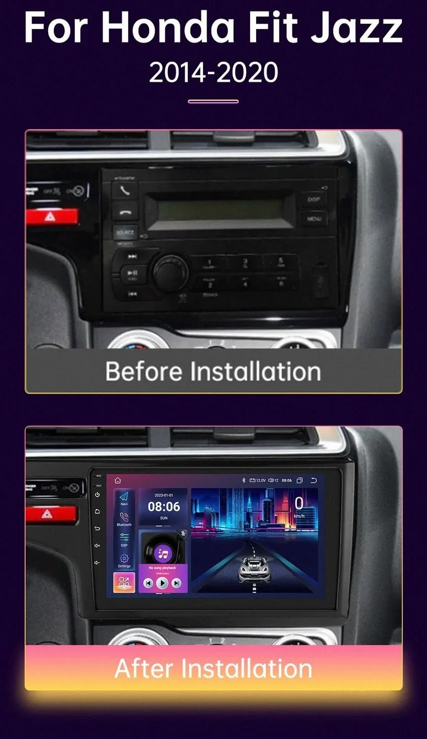 Odtwarzacz Multimedialny 2-Din dla Honda Jazz 3 2015-2020 Bezprzewodowe Carplay I Android Auto, Pojemnościowy Ekran Dotykowy, Nawigacja Gps Radio Fm Z, 4 Rdzeń 2G+32G