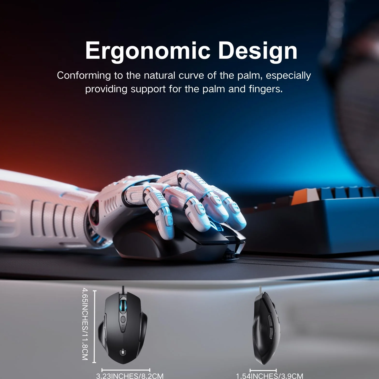 Uineer mysz przewodowa USB 6 przycisków 7200 DPI ergonomiczna matowa czerń