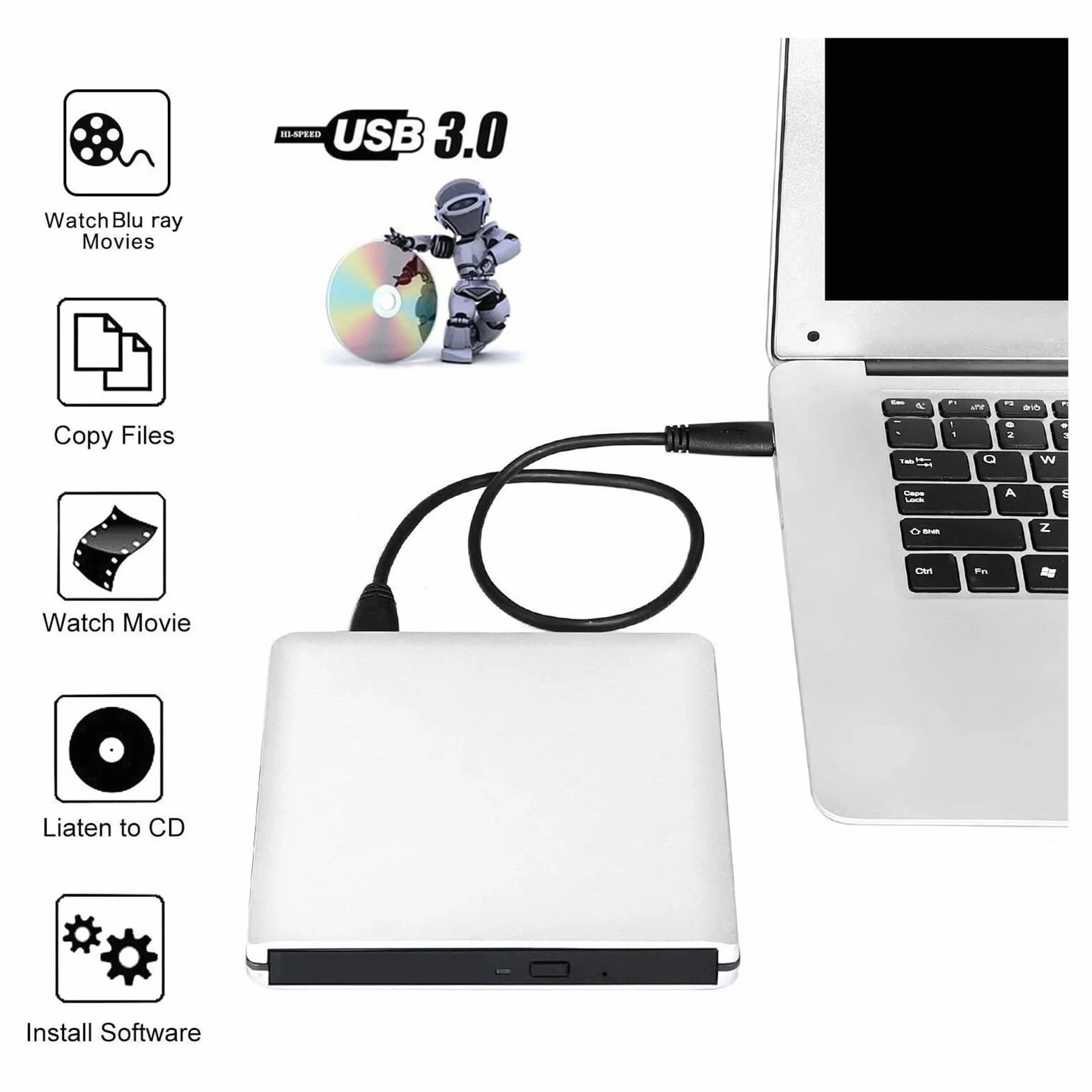 Ultracienki Zewnętrzny Napęd Optyczny Z Nagrywarką Blu-Ray 4K, USB 3.0, Odtwarzaniem DVD, CD/DVD R/W 3D Wyczyść Proces Odtwarzania