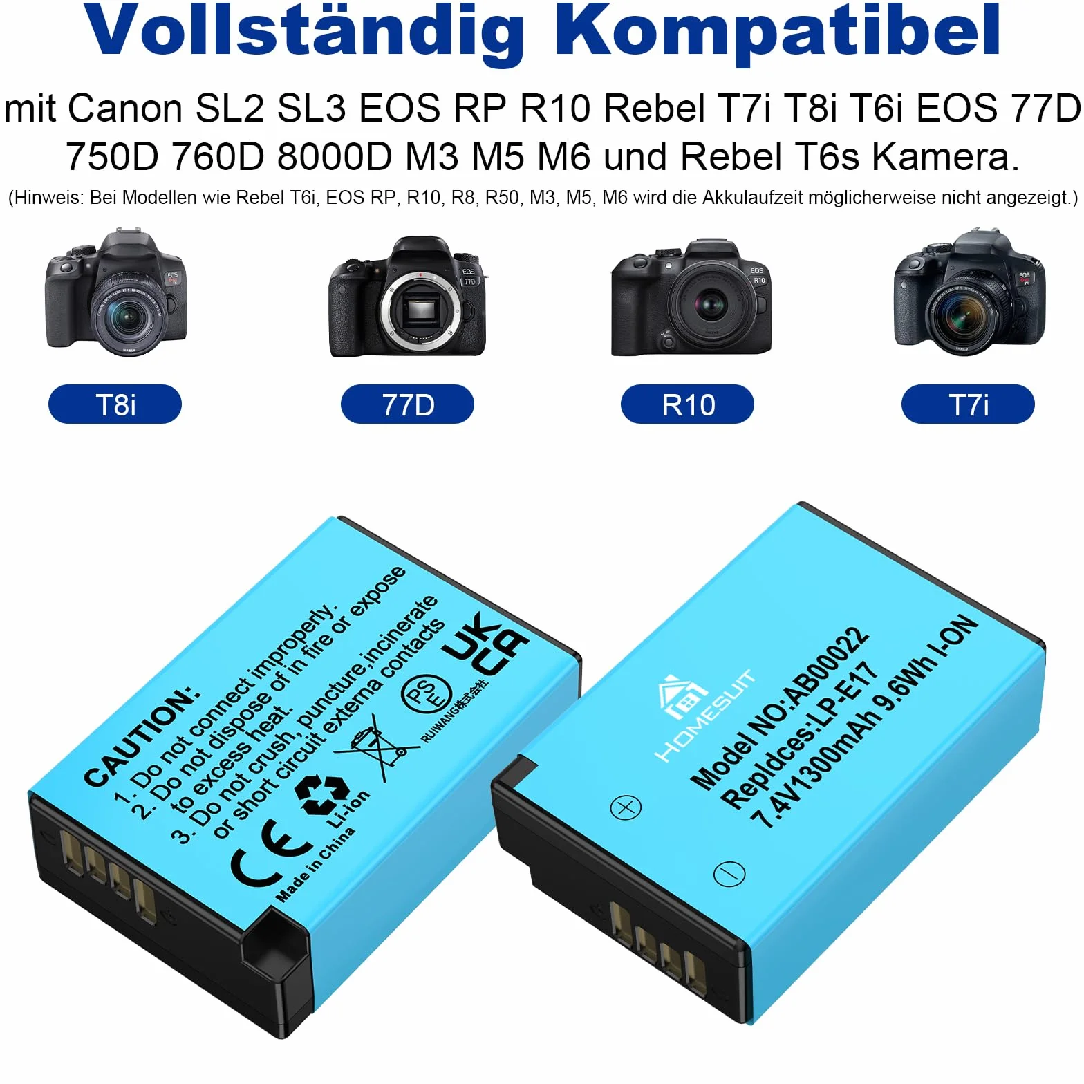Homesuit Zestaw 2 baterii LP-E17 1300 mAh i typ C LED Dual ładowarka zestaw do Canon EOS RP, R8, R10, R50, R100, M3, M5, M6, 200D, 77D, 750D, 760D, 800D, 8000D, Rebel SL3, SL2, T8i, T7i, T660D, 800D