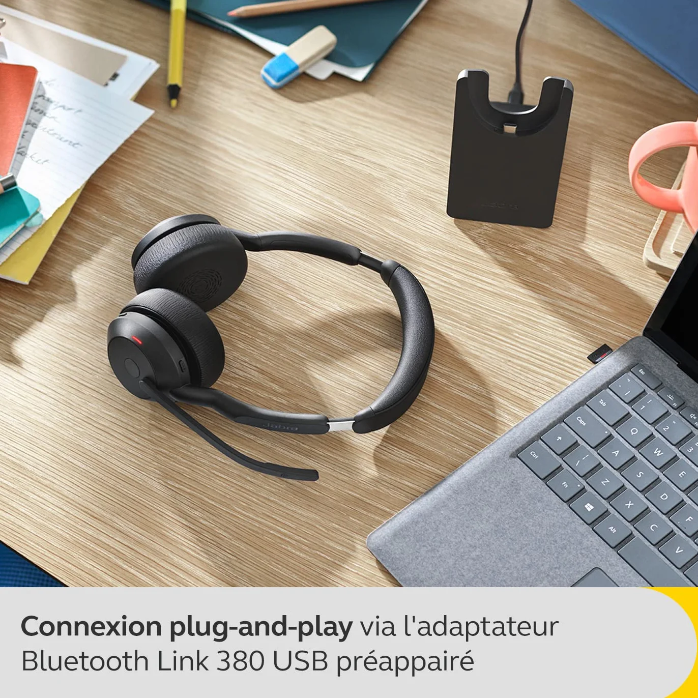 Jabra Evolve2 55 bezprzewodowy zestaw słuchawkowy stereo z podstawą ładującą, technologia Jabra Air Comfort, mikrofony z redukcją szumów i ANC - działa z platformami UC (Zoom, Google Meet) - czarny