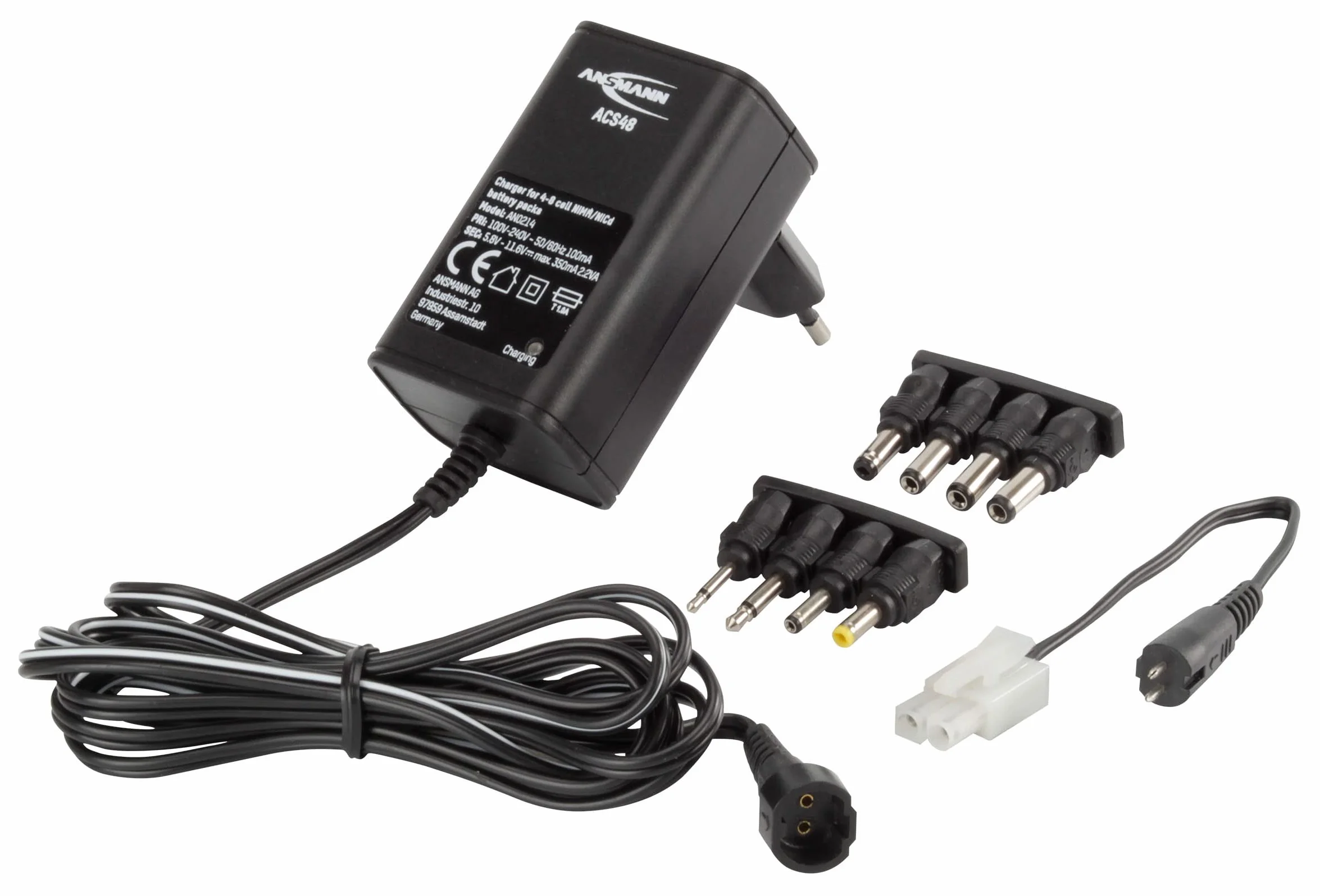 Ansmann Akumulator ACS 48 - ładowarka do akumulatorów 4-8-ogniwowych NiMH Ładowarka RC z 8 gniazdami i adapterem Tamiya do ładowania akumulatorów modelowych, akumulatorów, czarna