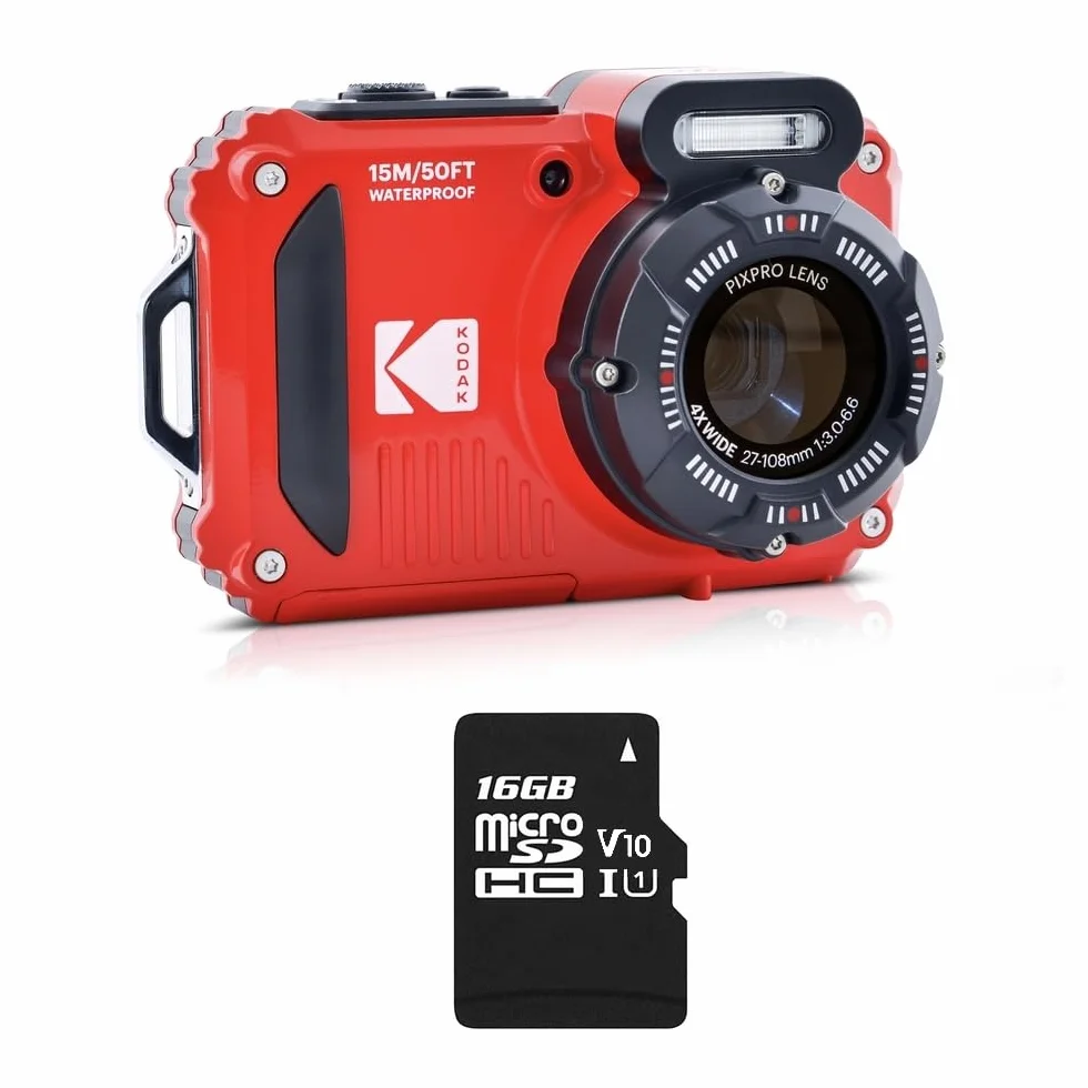 KODAK Pixpro Pack WPZ2 + 1 karta SD Kodak - Kompaktowy 16 m pikseli, wodoodporny do 15 m, odporny na wstrząsy, wideo 720p, ekran LCD 2,7 - bateria litowo-jonowa - czerwony