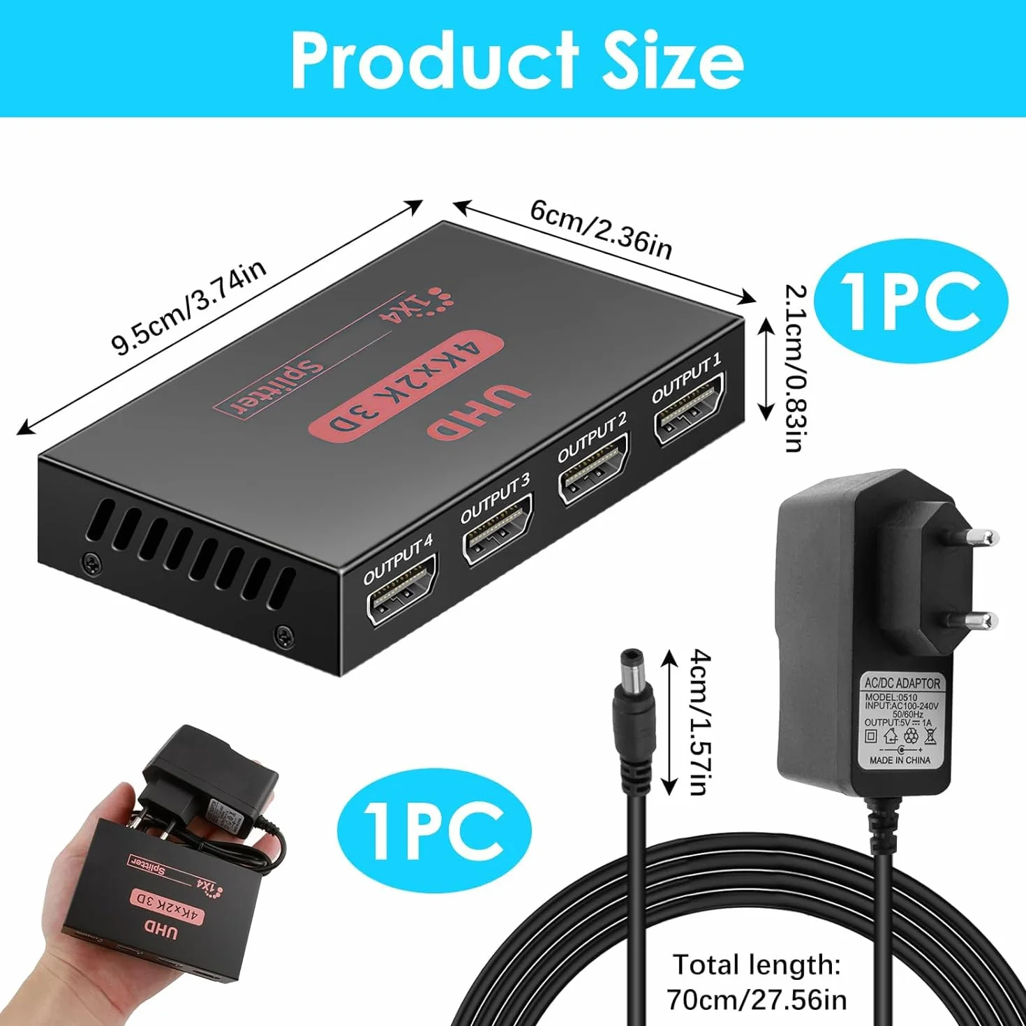 4K Rozdzielacz HDMI 1 W 4 Out, rozdzielacz HDMI 1x4, przełącznik duplikator, dystrybutor audio wideo obsługuje 3D, HDCP, 4K przy 30 Hz, długa transmisja, do TV, PS4, Xbox, Blu-ray, projektora i