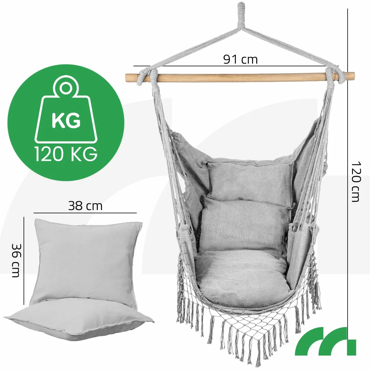 MalTec Wiszący Fotel z Poduszkiem, Krzesło Ogródowe, Huśtawka, Hamak Salonowy, na Taras, do Ogrodu, Jasnoszary, Obciążenie 120 kg, Zewnątrz i Wewnątrz