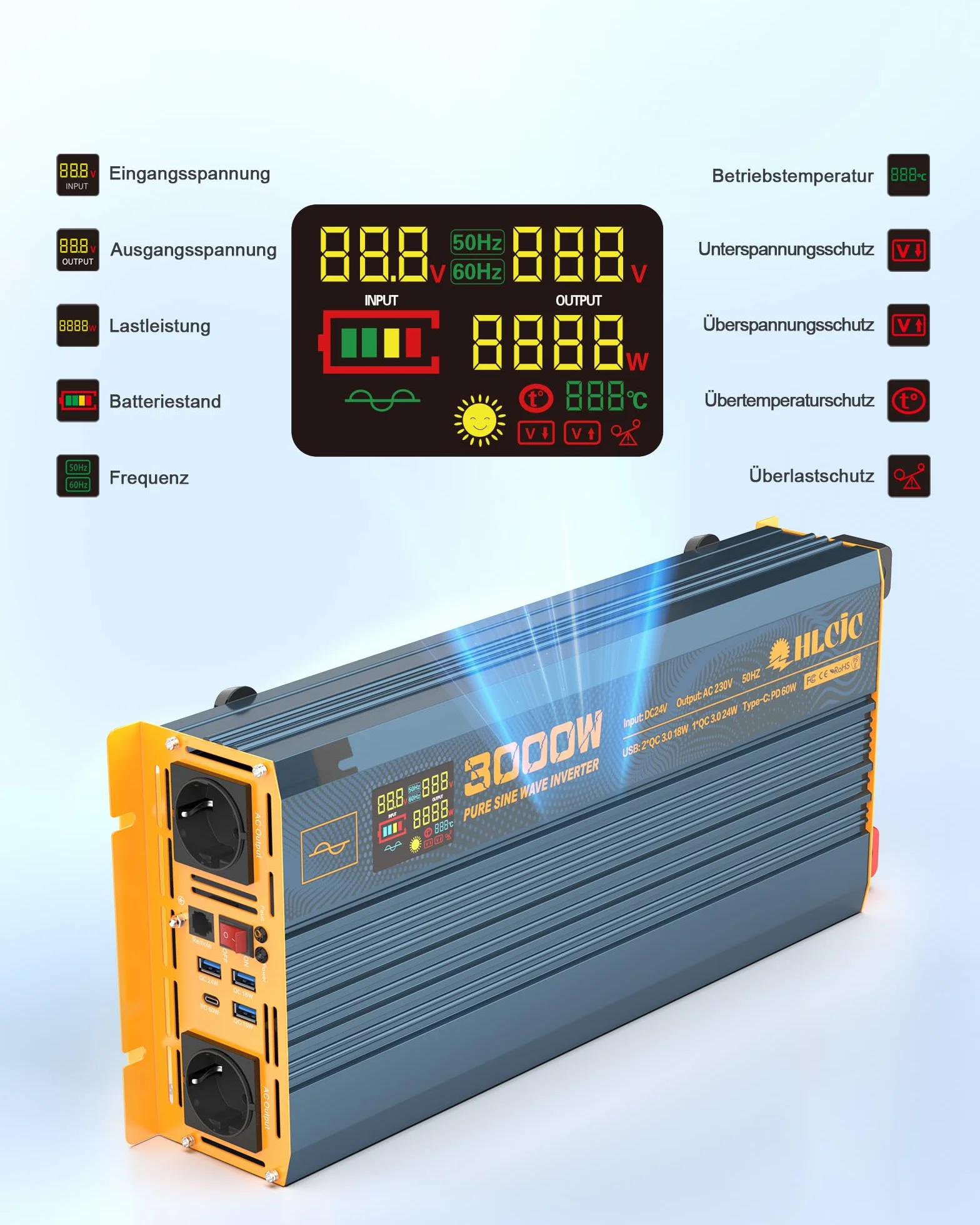 Inwerter sinusoidalny czystej fali, 3000 W, 24 V, 24 V na 230 V, z 2 gniazdami europejskimi, 1 portem USB-C, 3 portami USB-A z szybkim ładowaniem, wyświetlacz LCD do autokaravany, ciężarówki