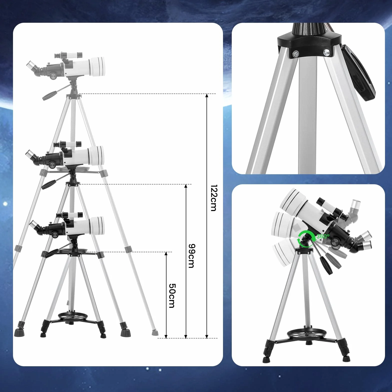 KlaroruA teleskop astronomiczny 70/400 mm teleskop dla dorosłych, astronomiczny teleskop załamania światła dla dzieci i początkujących, z adapterem do telefonu i statywem, CLT001-WH