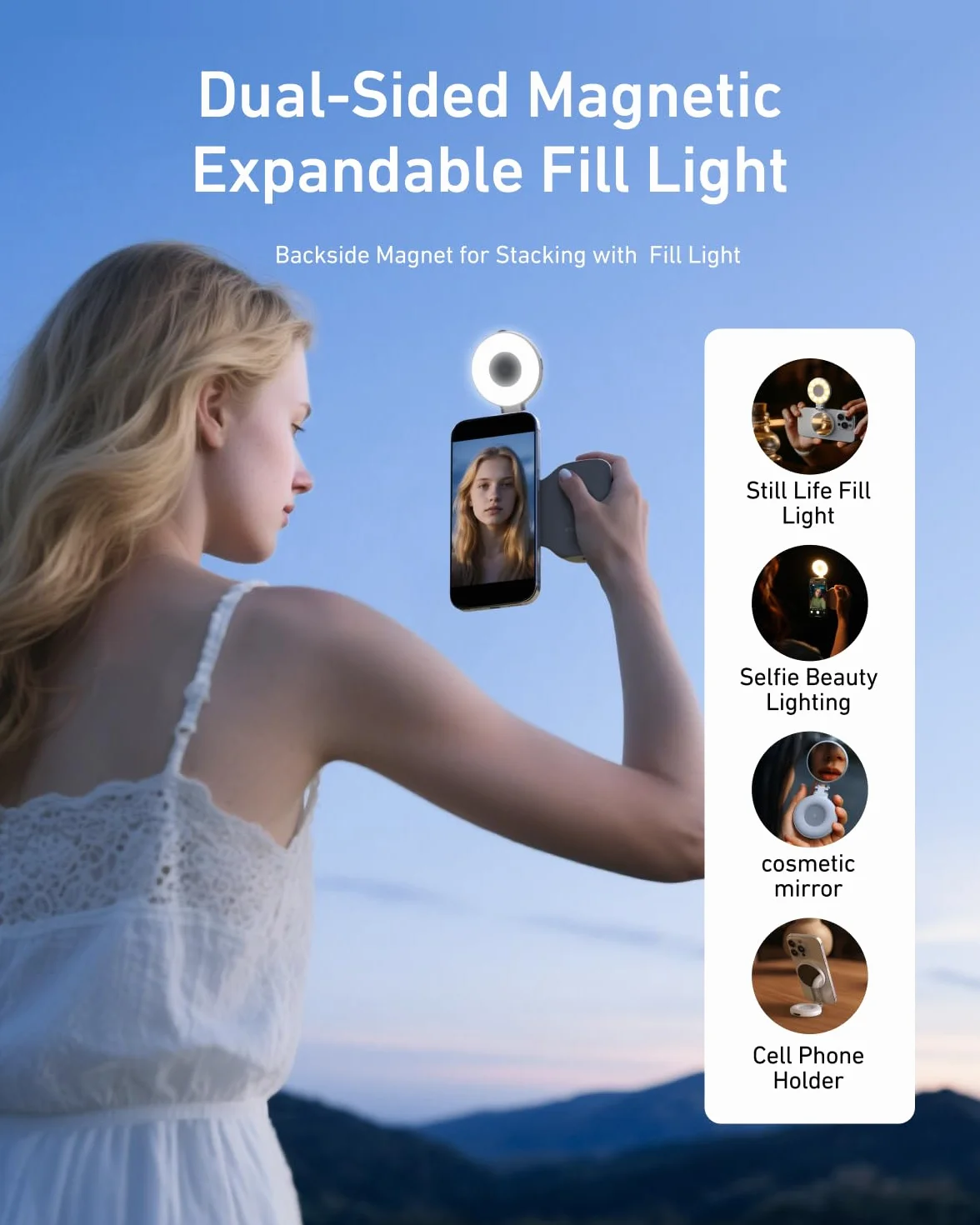 TELESIN Fun Shot magnetyczny uchwyt aparatu do telefonu + C03 światło do selfie (białe), zestaw kompatybilny z iPhone'em i Androidem, narzędzie do selfie/fotografii/TikTok